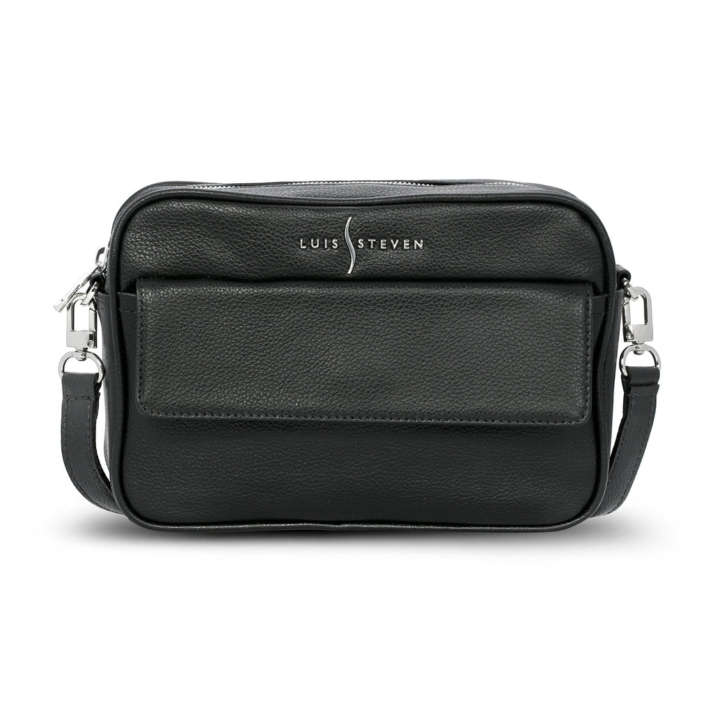 Luis Steven black pebble leather crossbody camera bag with front phone pocket and nickel hardware
