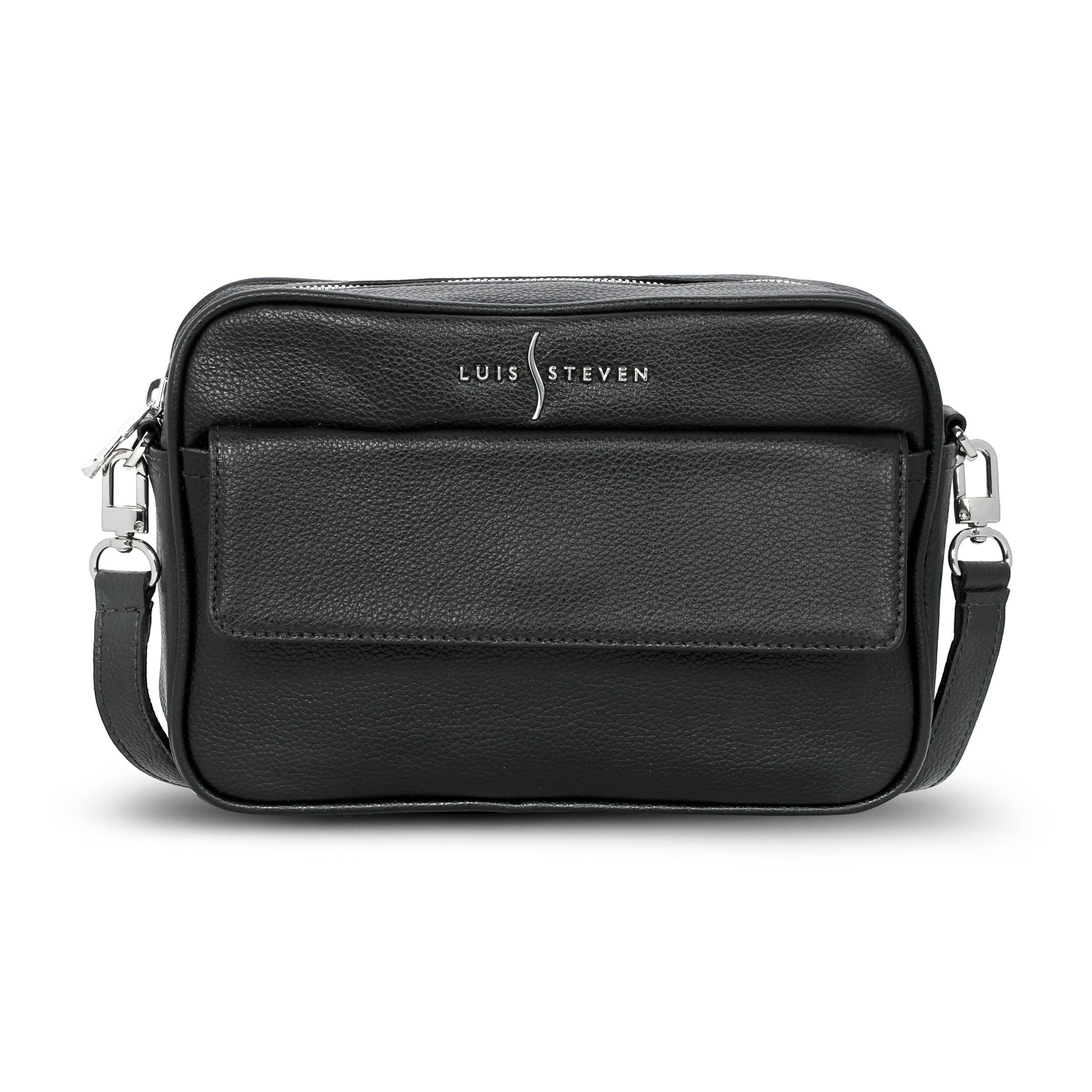 Luis Steven black pebble leather crossbody camera bag with front phone pocket and nickel hardware
