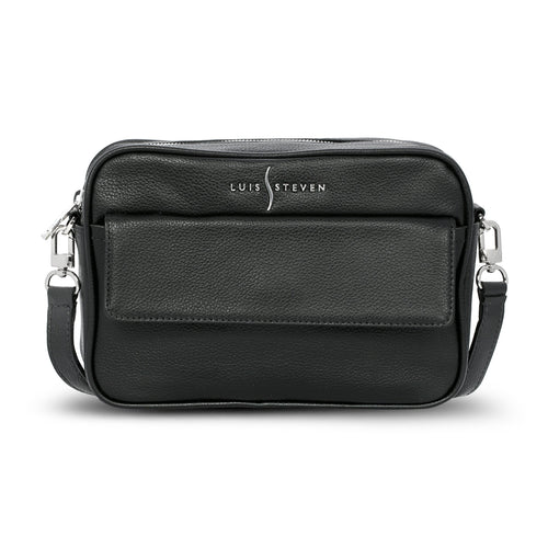 Luis Steven black pebble leather crossbody camera bag with front phone pocket and nickel hardware