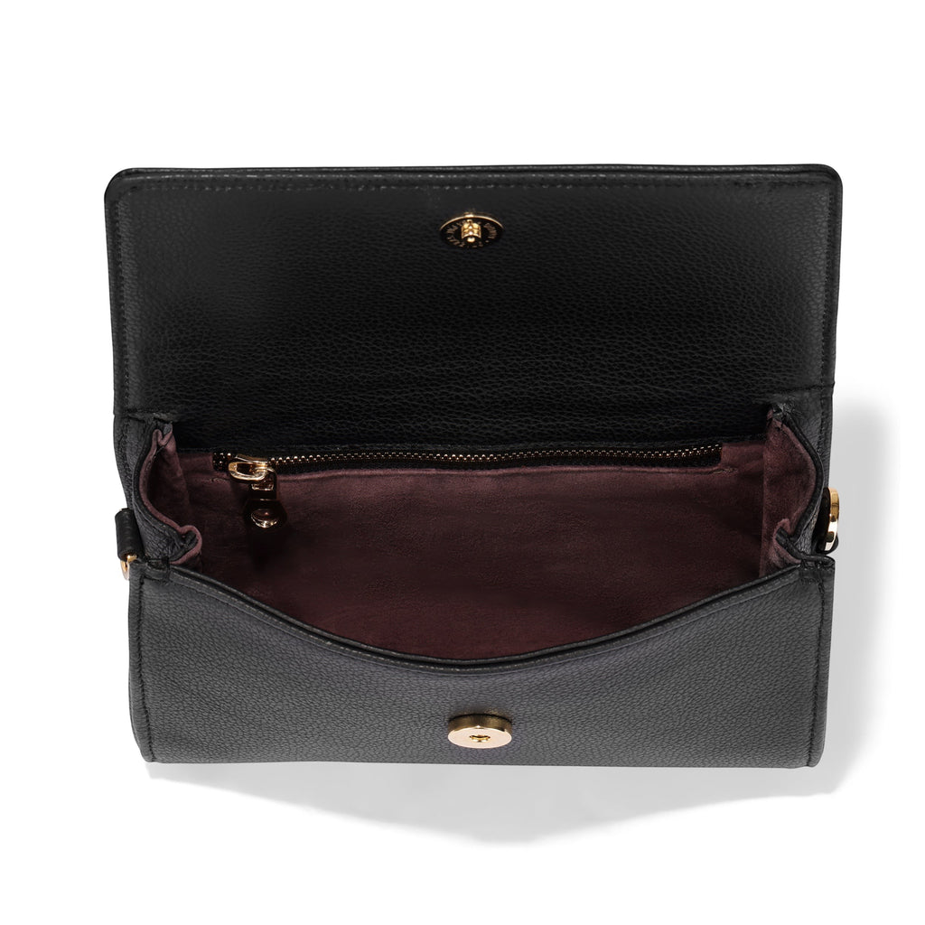 Luis Steven Charley crossbody bag in black pebble leather with gold hardware and suede lining. Features magnetic closure and interior zip pocket.