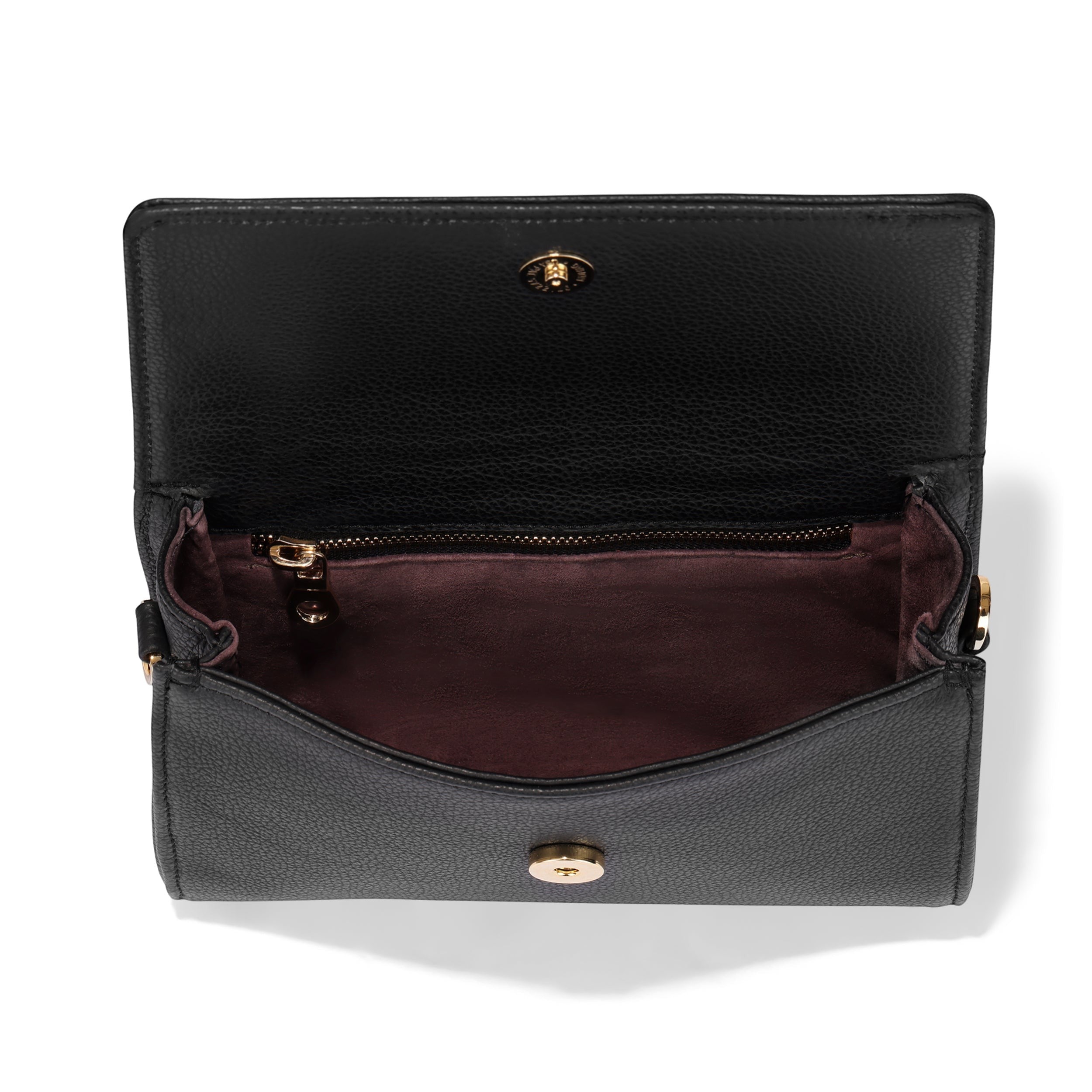 Luis Steven Charley crossbody bag in black pebble leather with gold hardware and suede lining. Features magnetic closure and interior zip pocket.