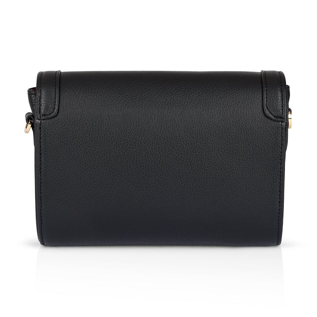 Luis Steven Charley crossbody bag in black pebble leather with gold hardware and magnetic flap closure.