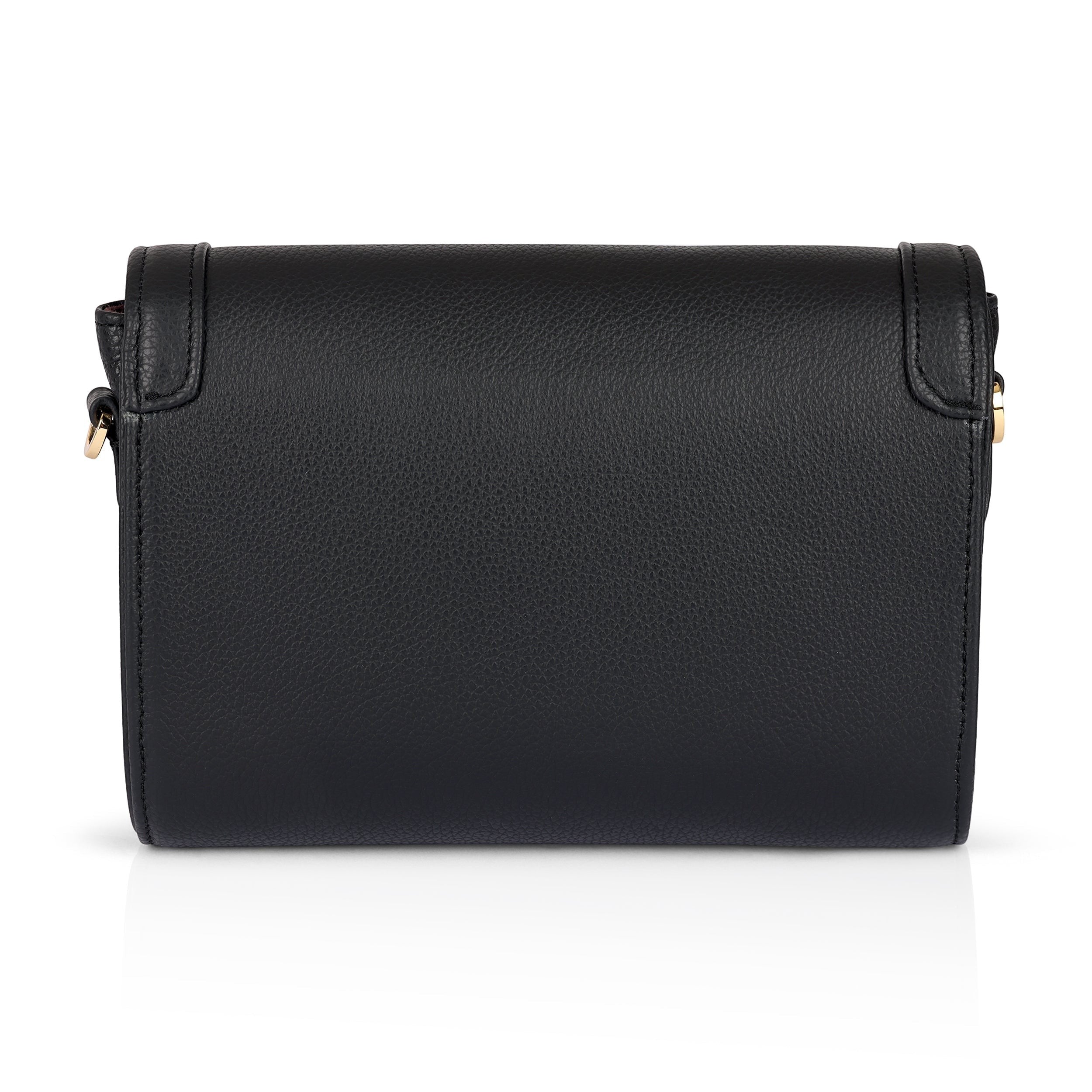 Luis Steven Charley crossbody bag in black pebble leather with gold hardware and magnetic flap closure.