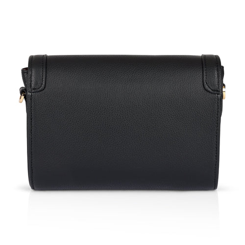Luis Steven Charley crossbody bag in black pebble leather with gold hardware and magnetic flap closure.