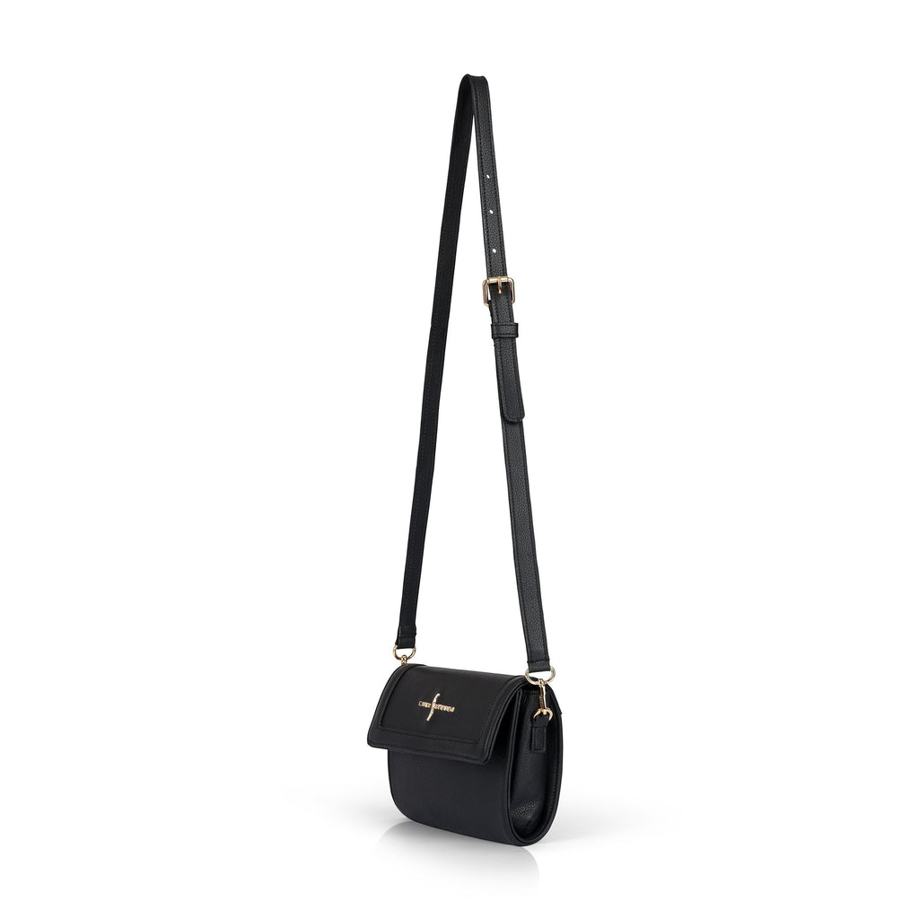 Luis Steven Charley crossbody bag in black pebble leather with gold hardware and adjustable strap.