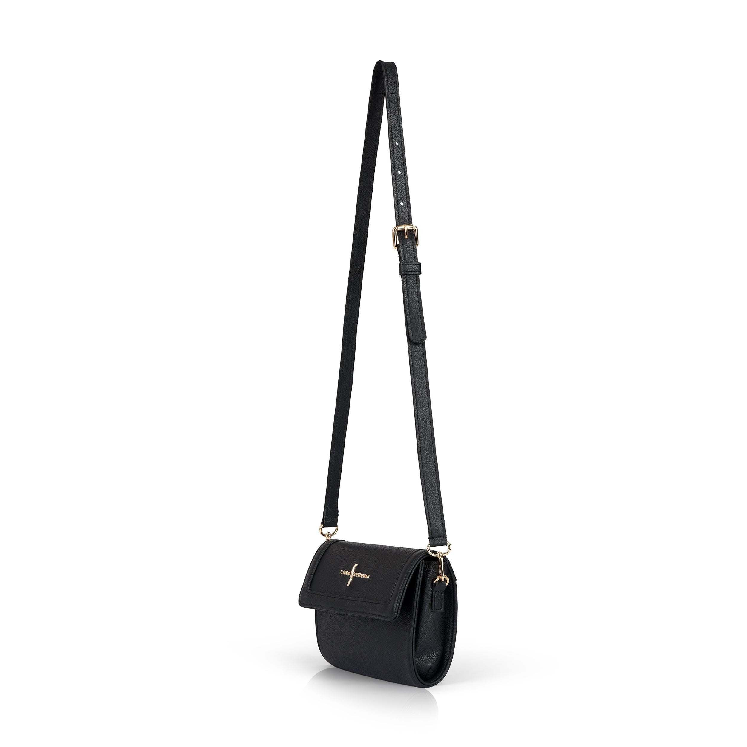 Luis Steven Charley crossbody bag in black pebble leather with gold hardware and adjustable strap.