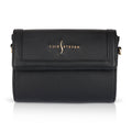 Luis Steven Charley crossbody bag in black pebble leather with gold hardware and magnetic flap closure.