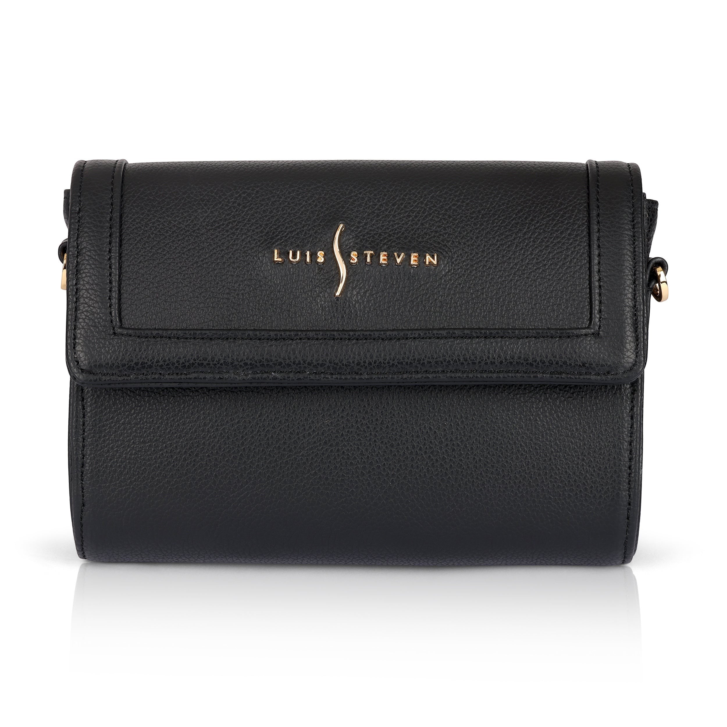 Luis Steven Charley crossbody bag in black pebble leather with gold hardware and magnetic flap closure.