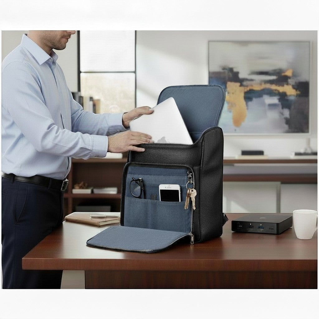 Luis Steven black pebble leather briefcase-style backpack with interior laptop sleeve and organizer pockets, being packed by a man.