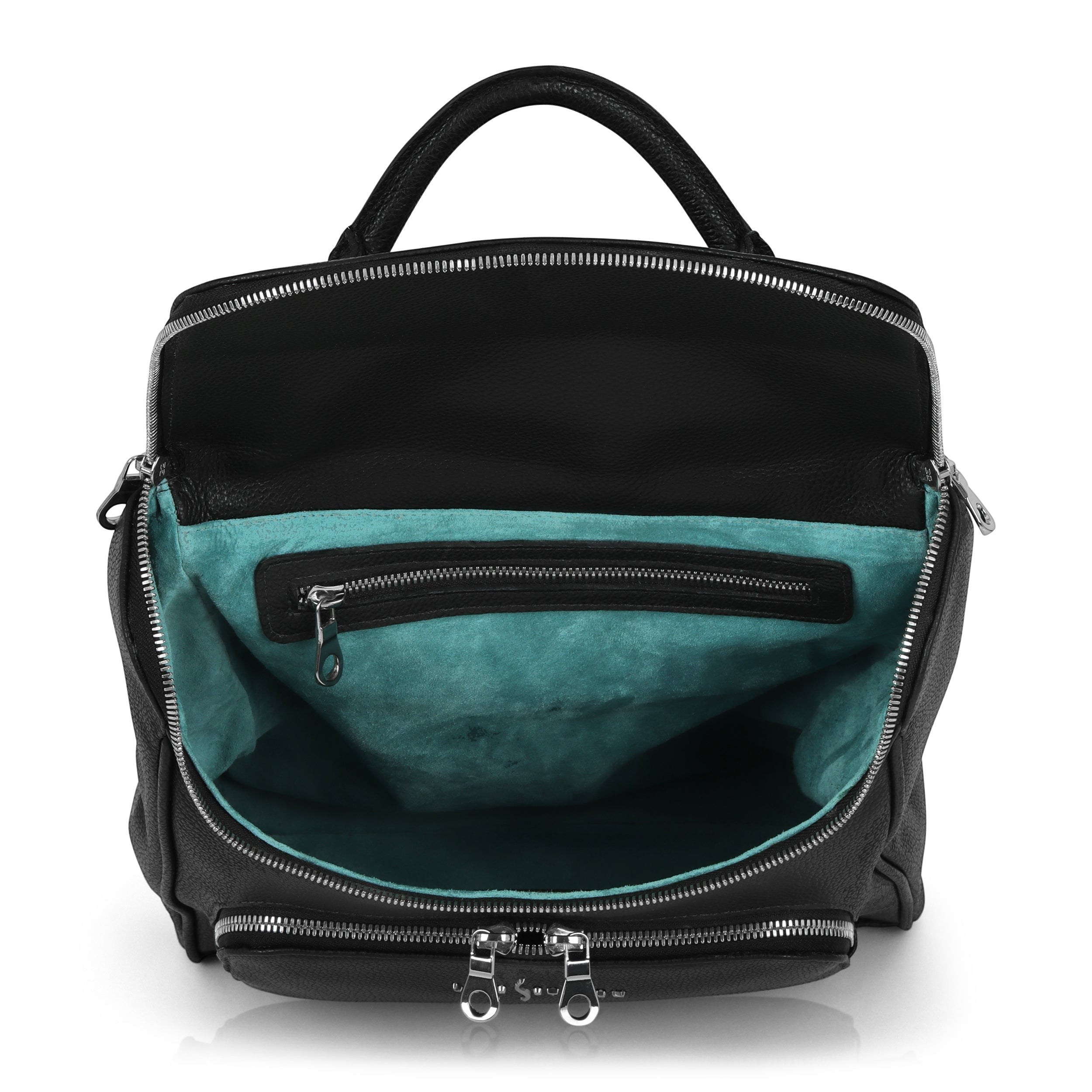 Luis Steven black pebble leather laptop backpack with open top revealing a bright teal suede interior and nickel hardware