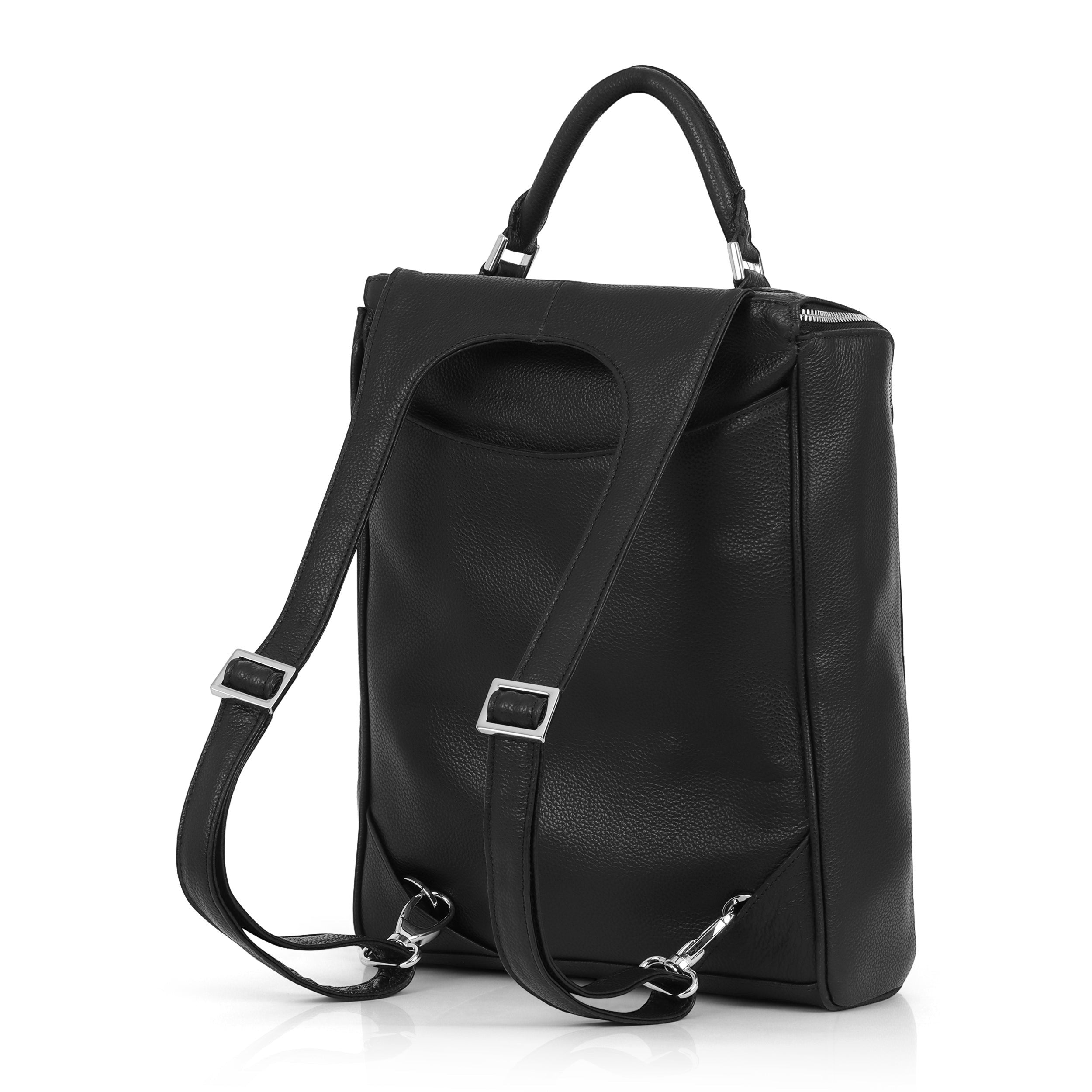 Luis Steven black pebble leather convertible laptop backpack with nickel hardware and top handle, rear view