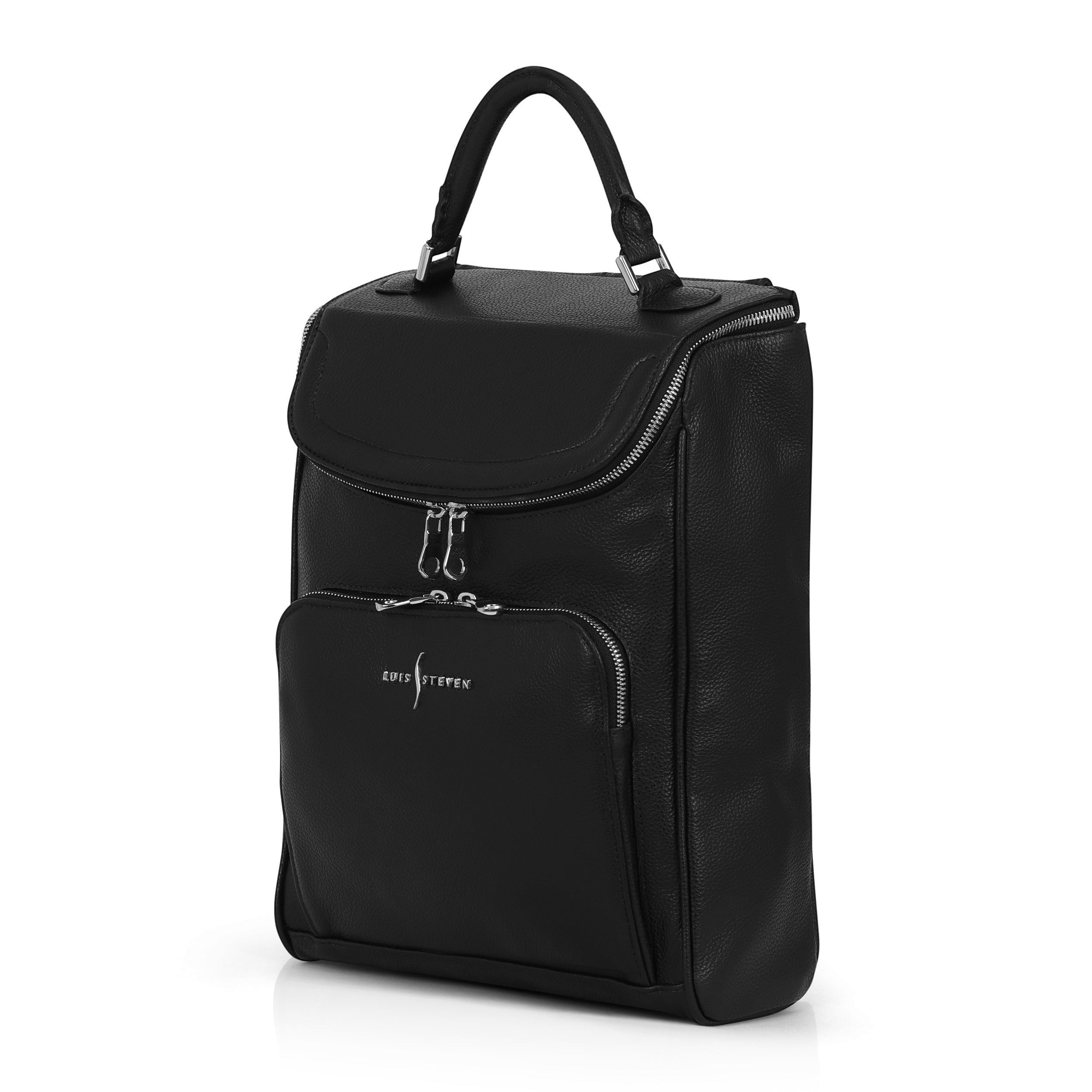 Luis Steven black pebble leather laptop backpack with nickel hardware and a vertical briefcase-style design.