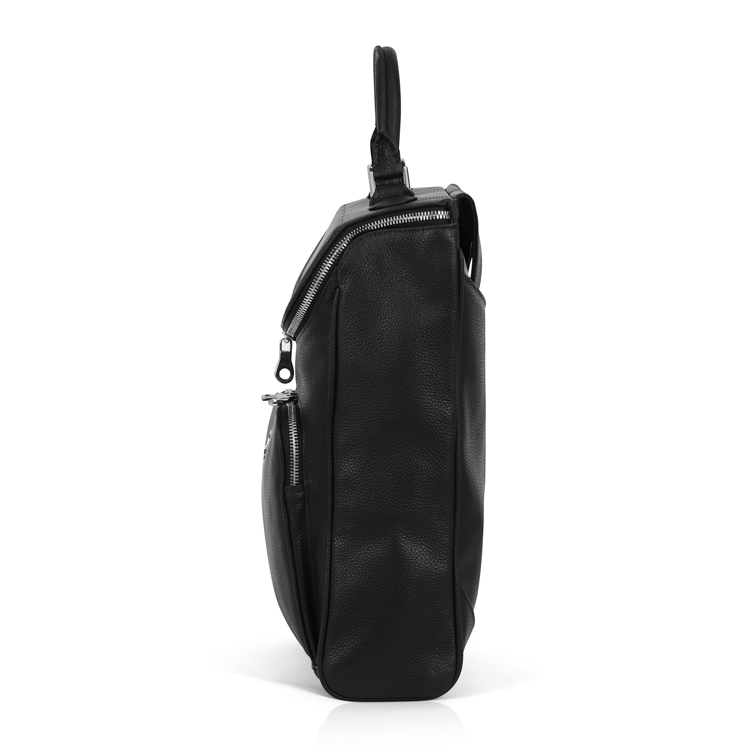 Luis Steven black pebble leather laptop backpack with top handle and nickel hardware, side view