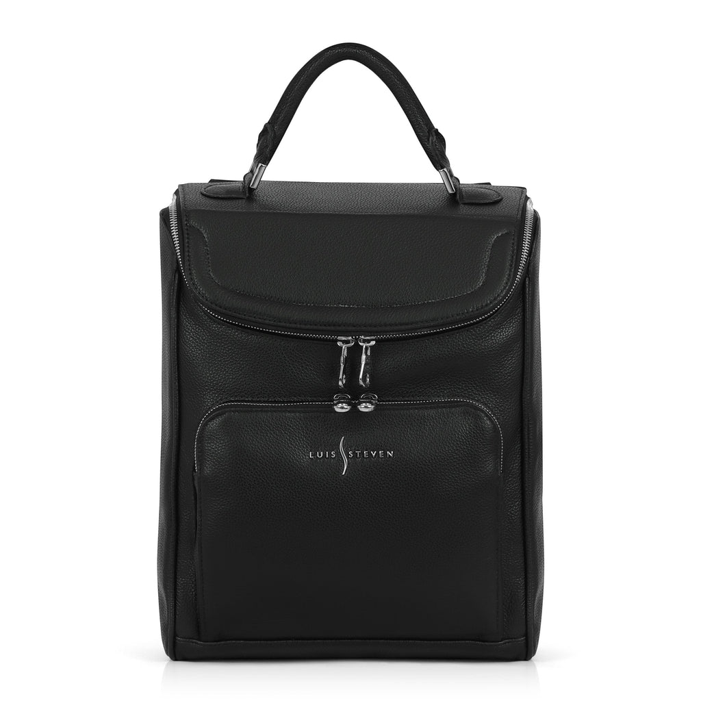 Luis Steven black pebble leather laptop backpack with nickel hardware and top handle, front view