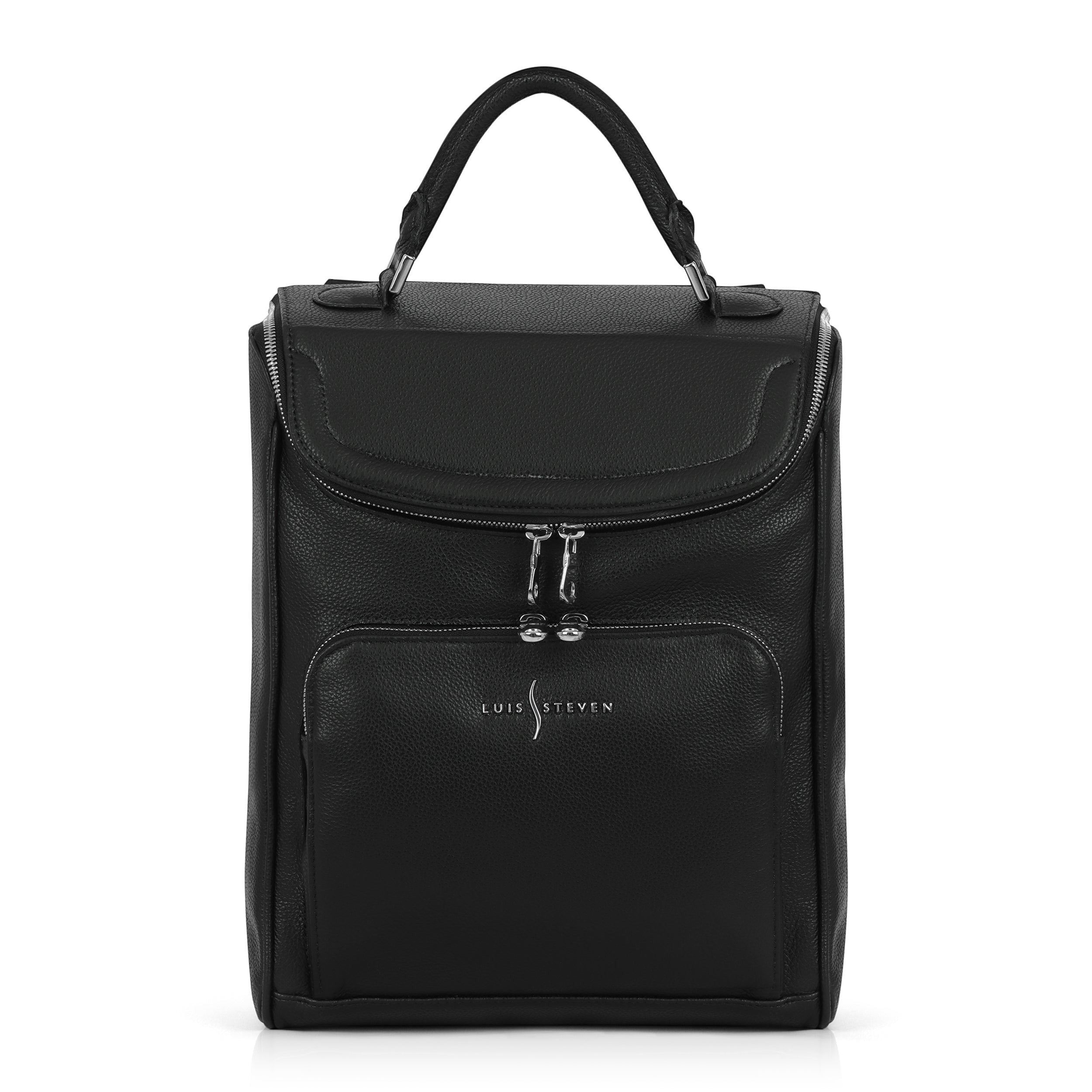 Luis Steven black pebble leather laptop backpack with nickel hardware and top handle, front view