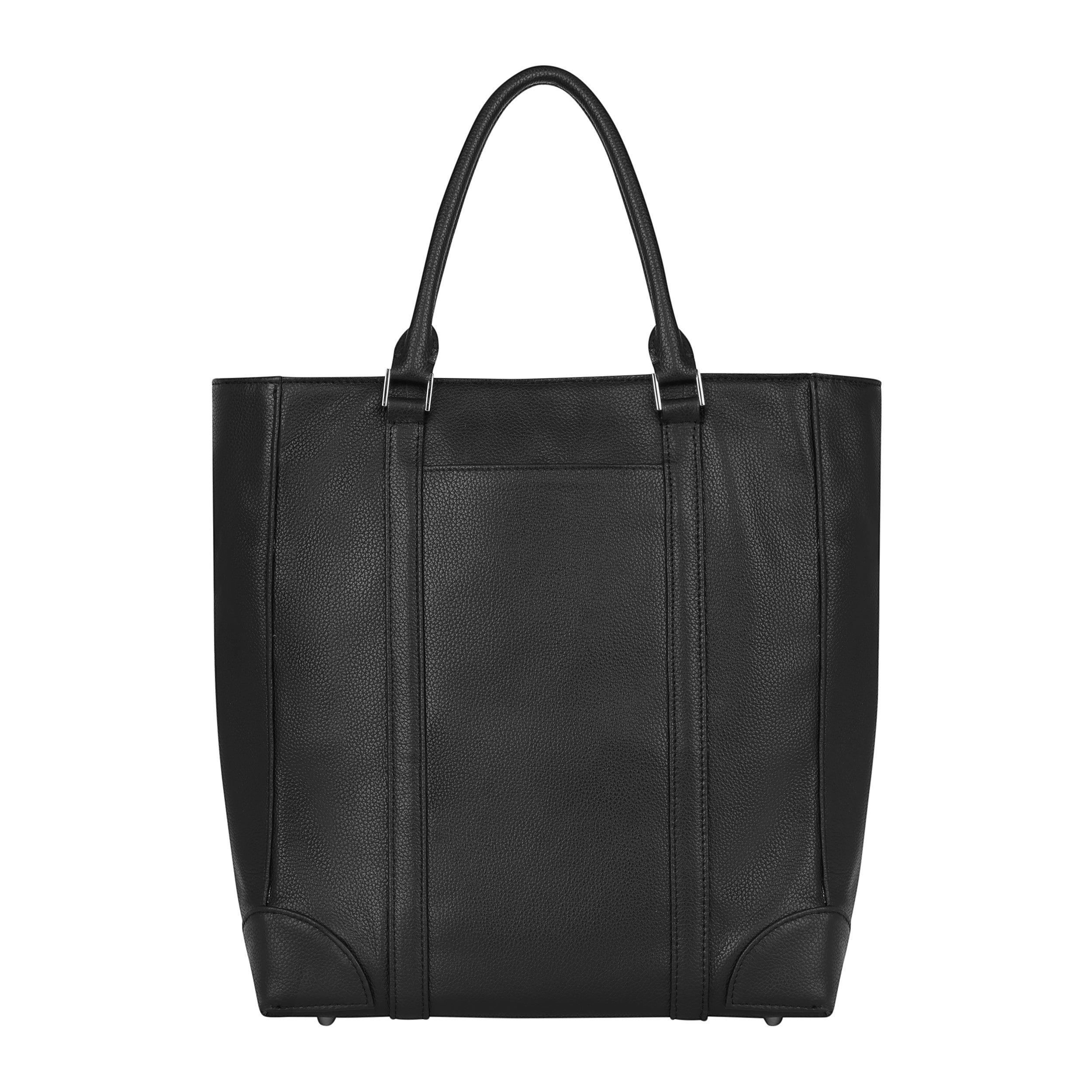 Luis Steven black pebble leather vertical laptop tote bag with top handles and nickel hardware details.