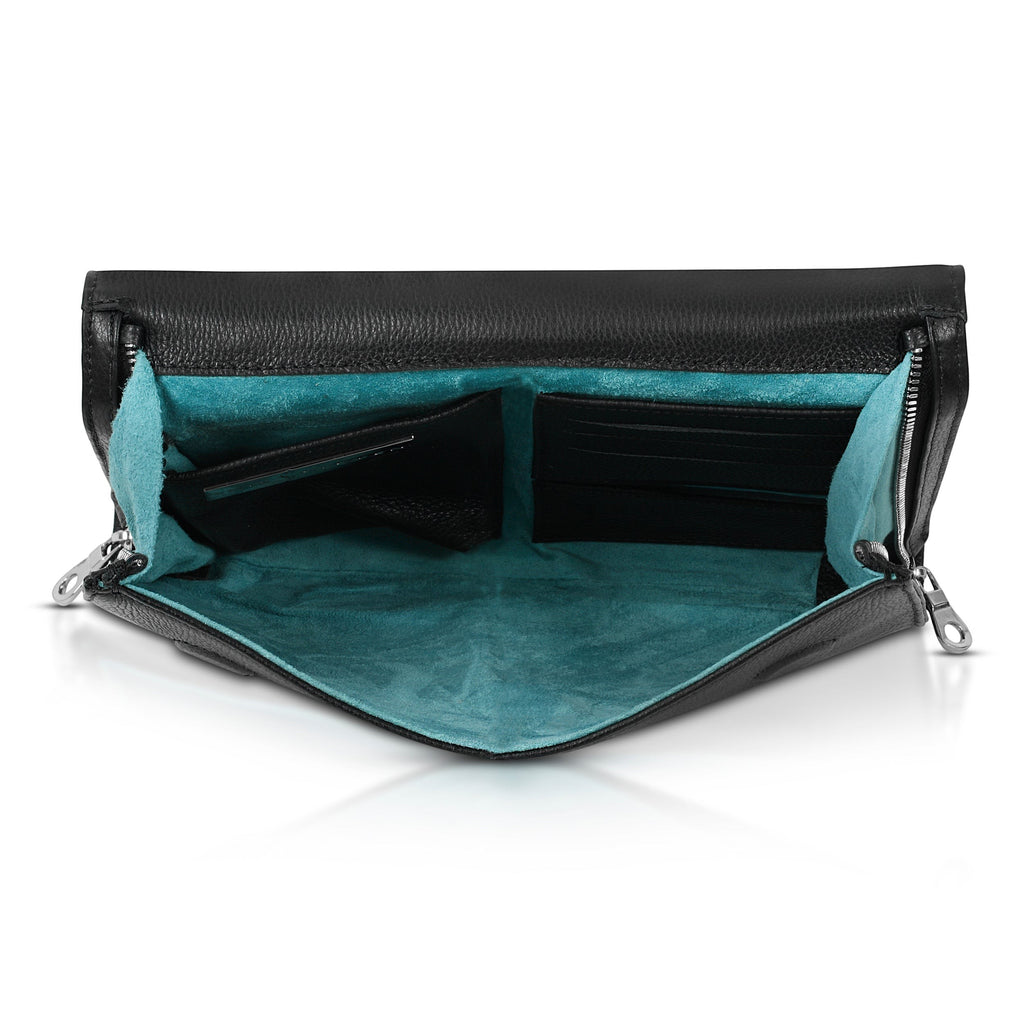 Luis Steven black Italian pebble leather men's clutch with teal suede lining, card slots, and nickel hardware.