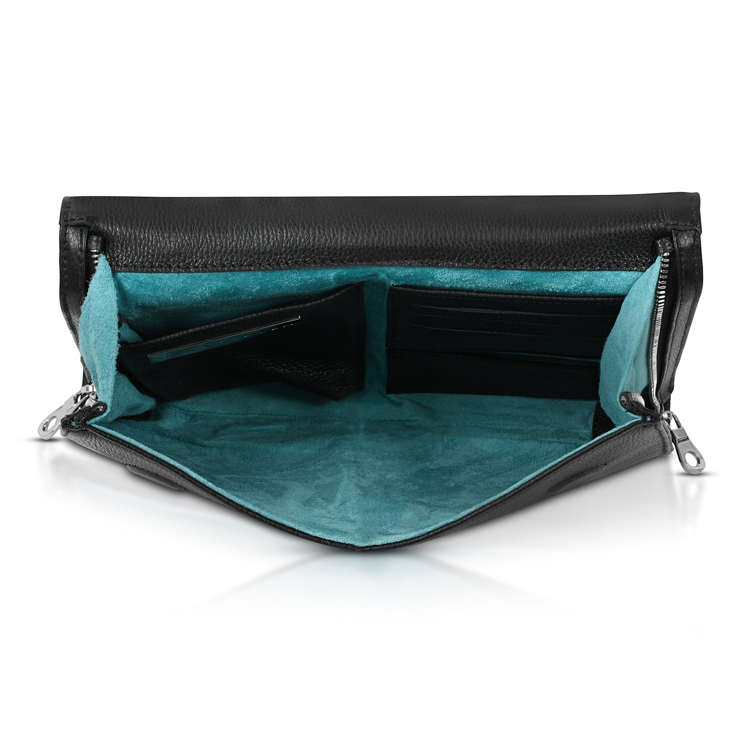Luis Steven black Italian pebble leather men's clutch with teal suede lining, card slots, and nickel hardware.