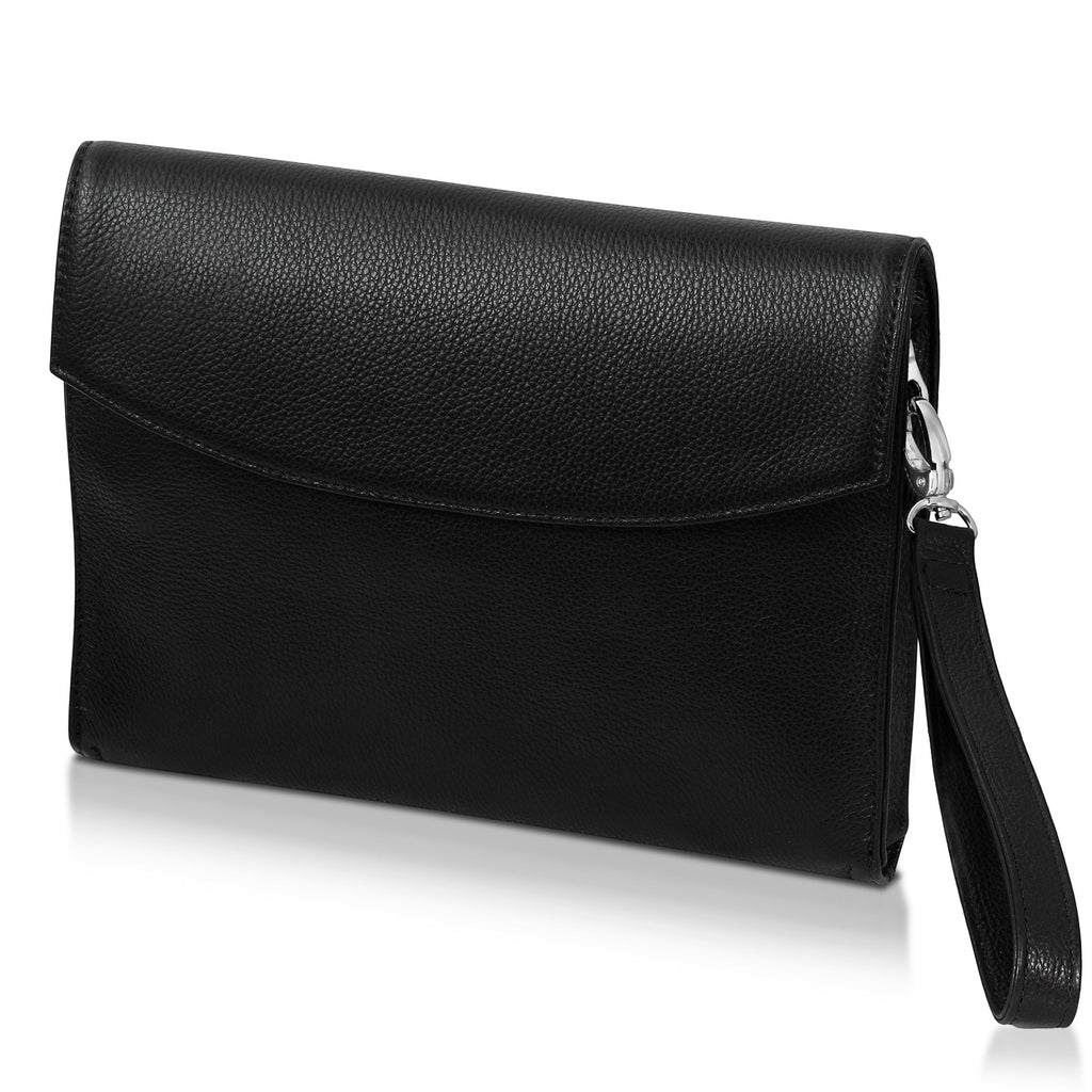 Luis Steven black Italian pebble leather men's clutch with a detachable wristlet and nickel hardware.