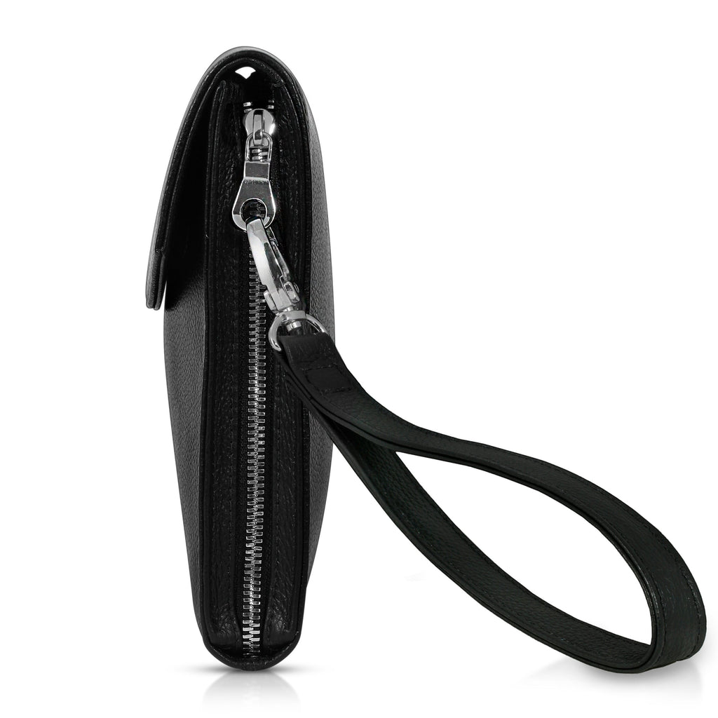 Luis Steven black Italian pebble leather men's clutch with nickel hardware and detachable wristlet strap.