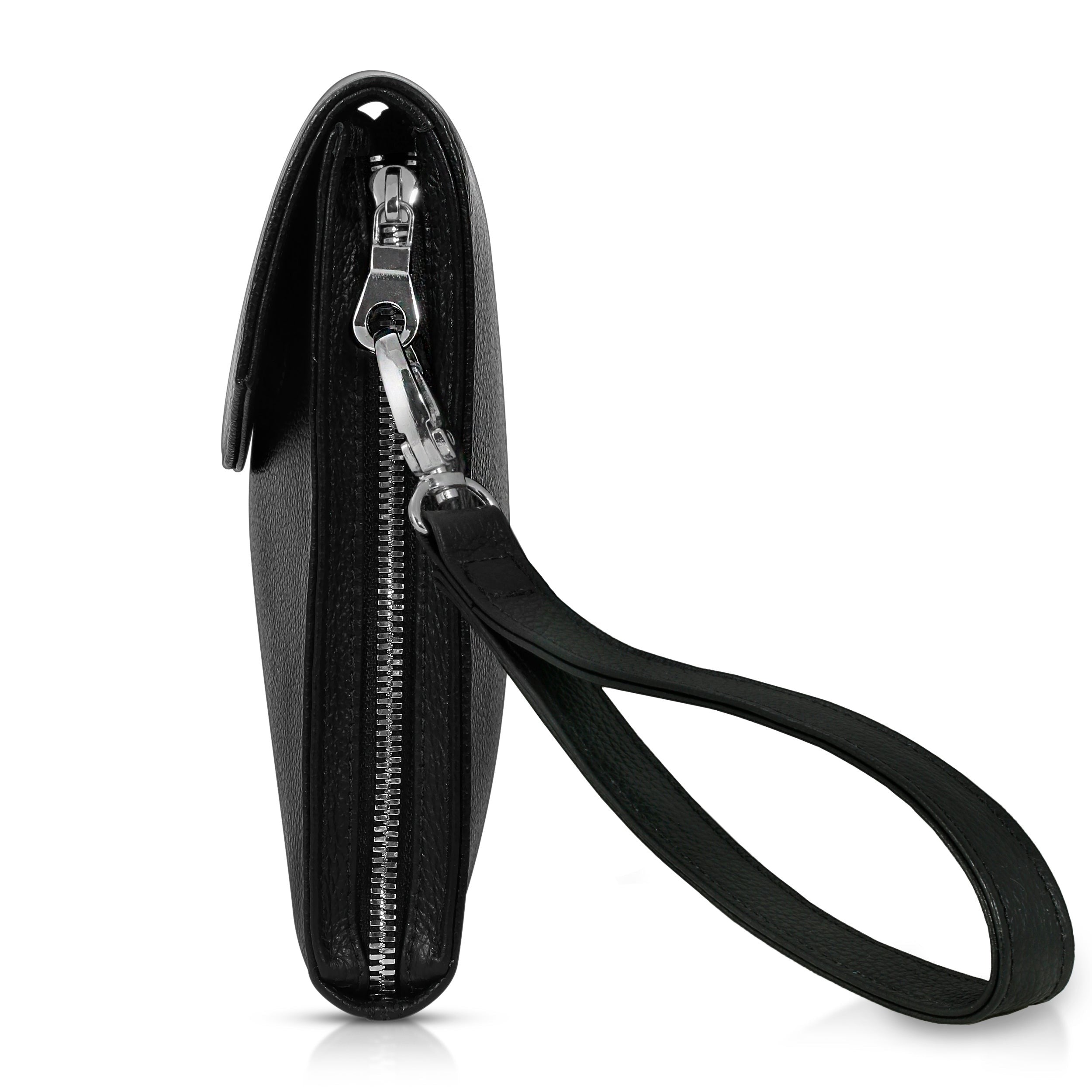 Luis Steven black Italian pebble leather men's clutch with nickel hardware and detachable wristlet strap.