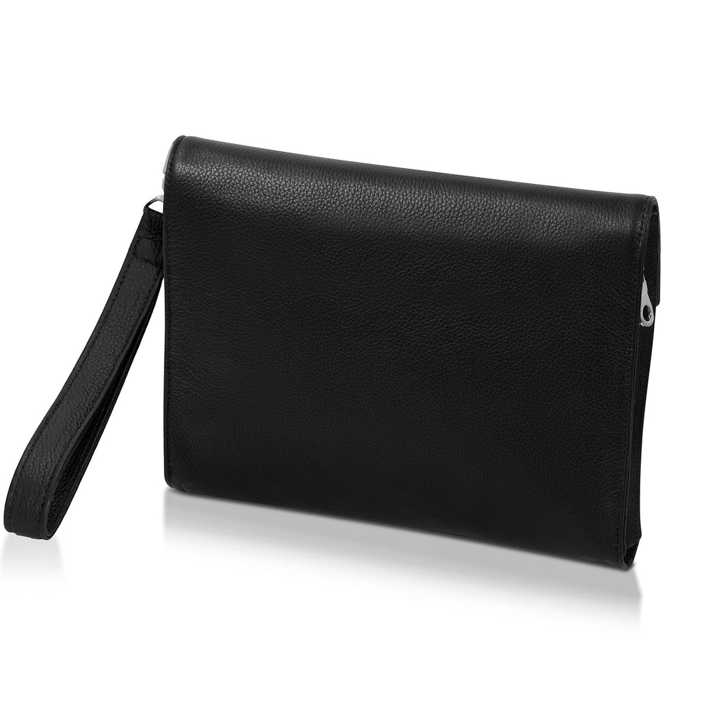 Luis Steven black Italian pebble leather men's clutch with a detachable wristlet and nickel hardware.