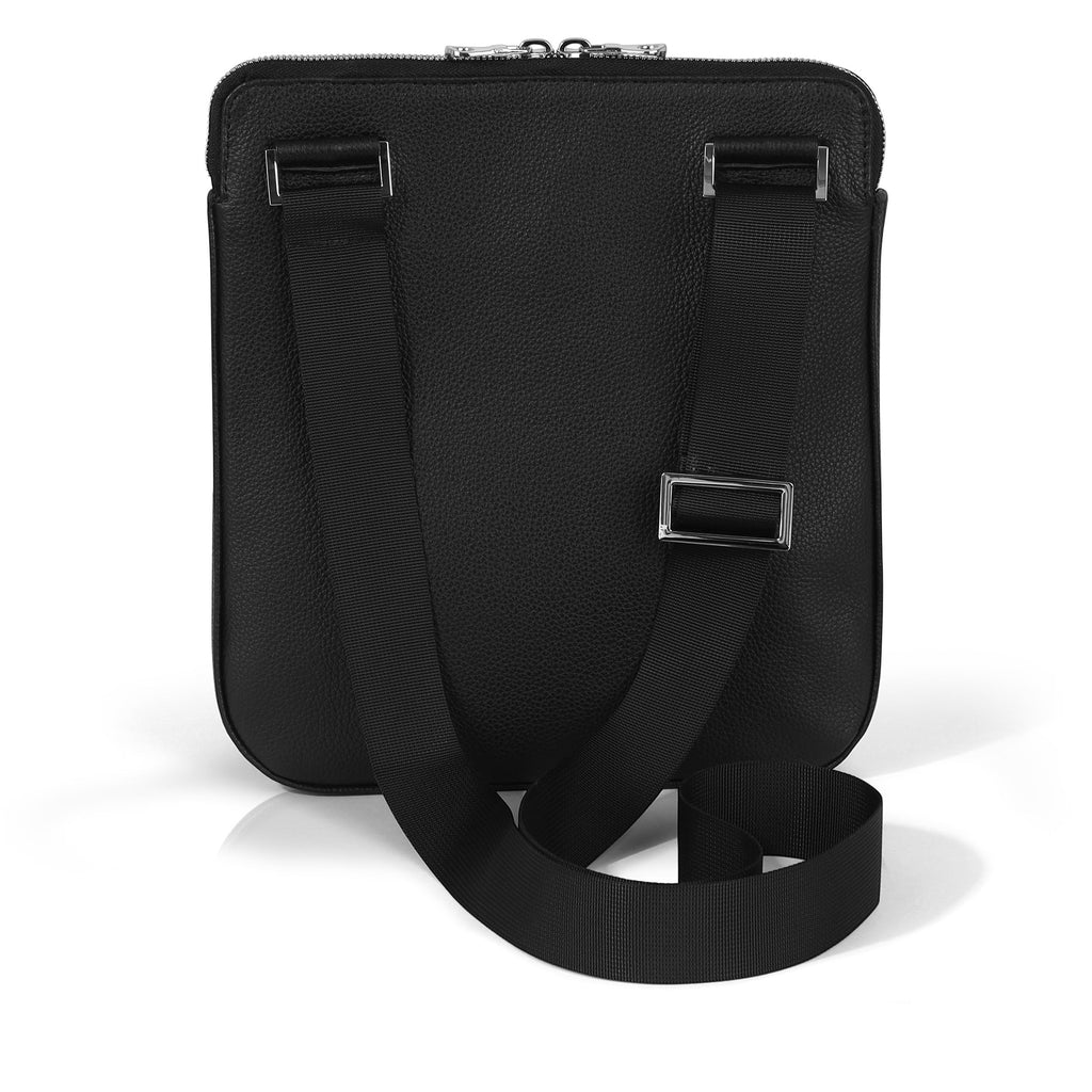 Luis Steven black Italian pebble leather Sporty Messenger bag with adjustable crossbody strap and nickel hardware.