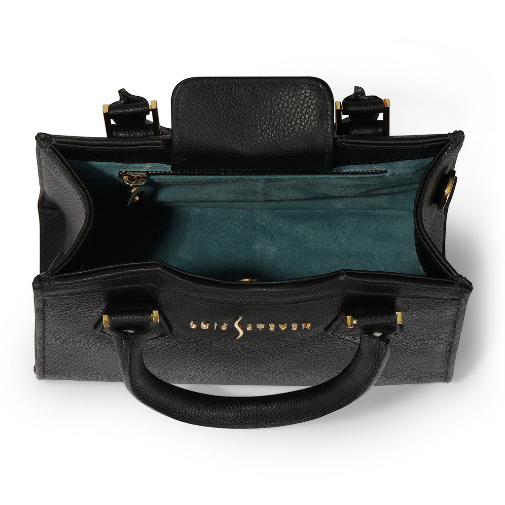 Luis Steven black pebble leather mini tote bag, top view showing interior with suede lining and gold hardware.