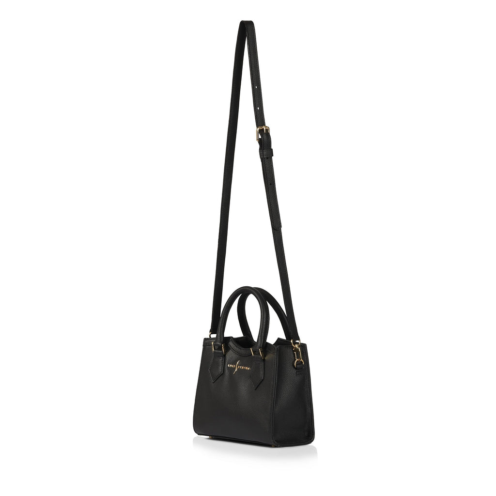 Luis Steven black pebble leather mini tote bag with top handles and adjustable crossbody strap, side view
