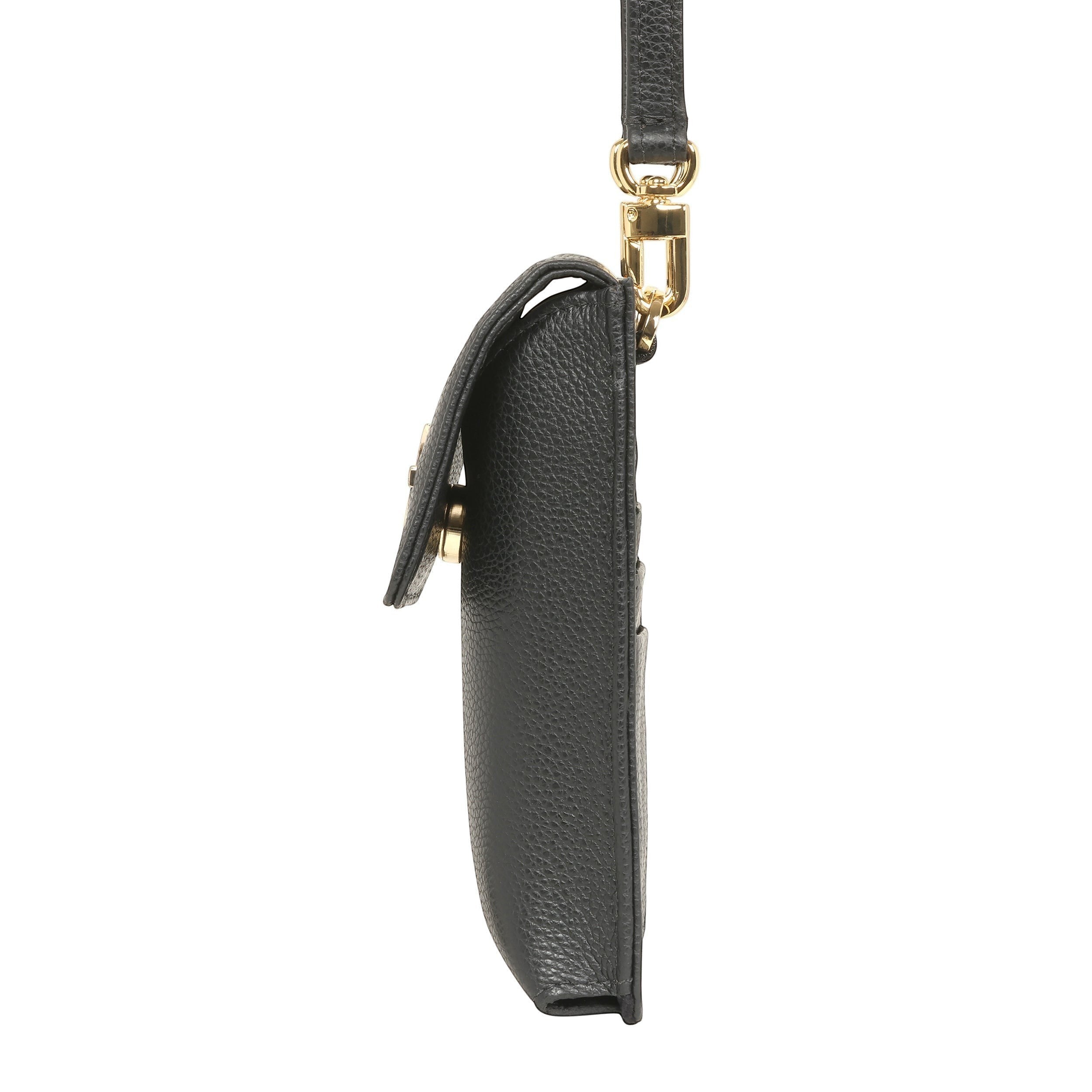 Luis Steven black pebble leather smartphone pouch with flap closure, card slots, and detachable crossbody strap.