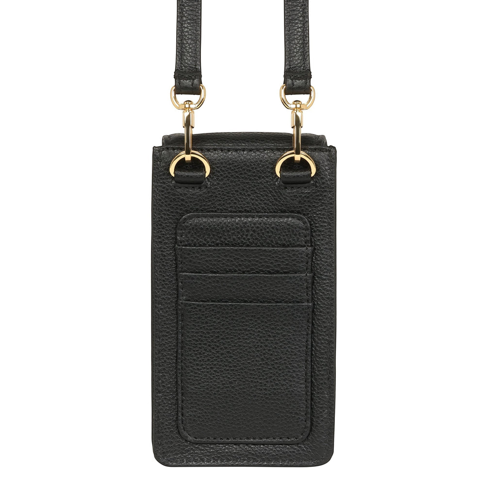 Luis Steven black pebble leather smartphone pouch with flap closure, card slots, and detachable crossbody strap.