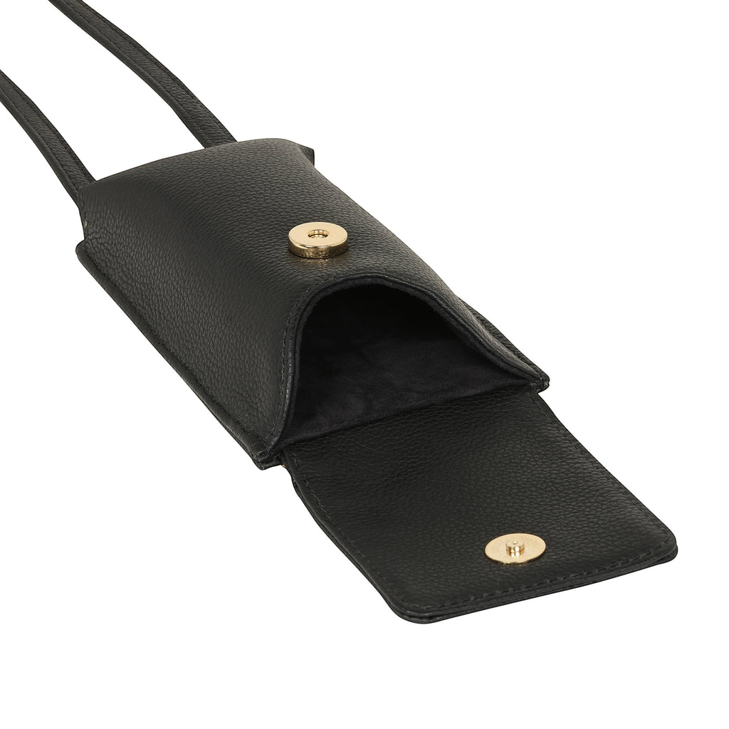 Luis Steven black pebble leather smartphone pouch with flap closure, adjustable strap, and card slots.