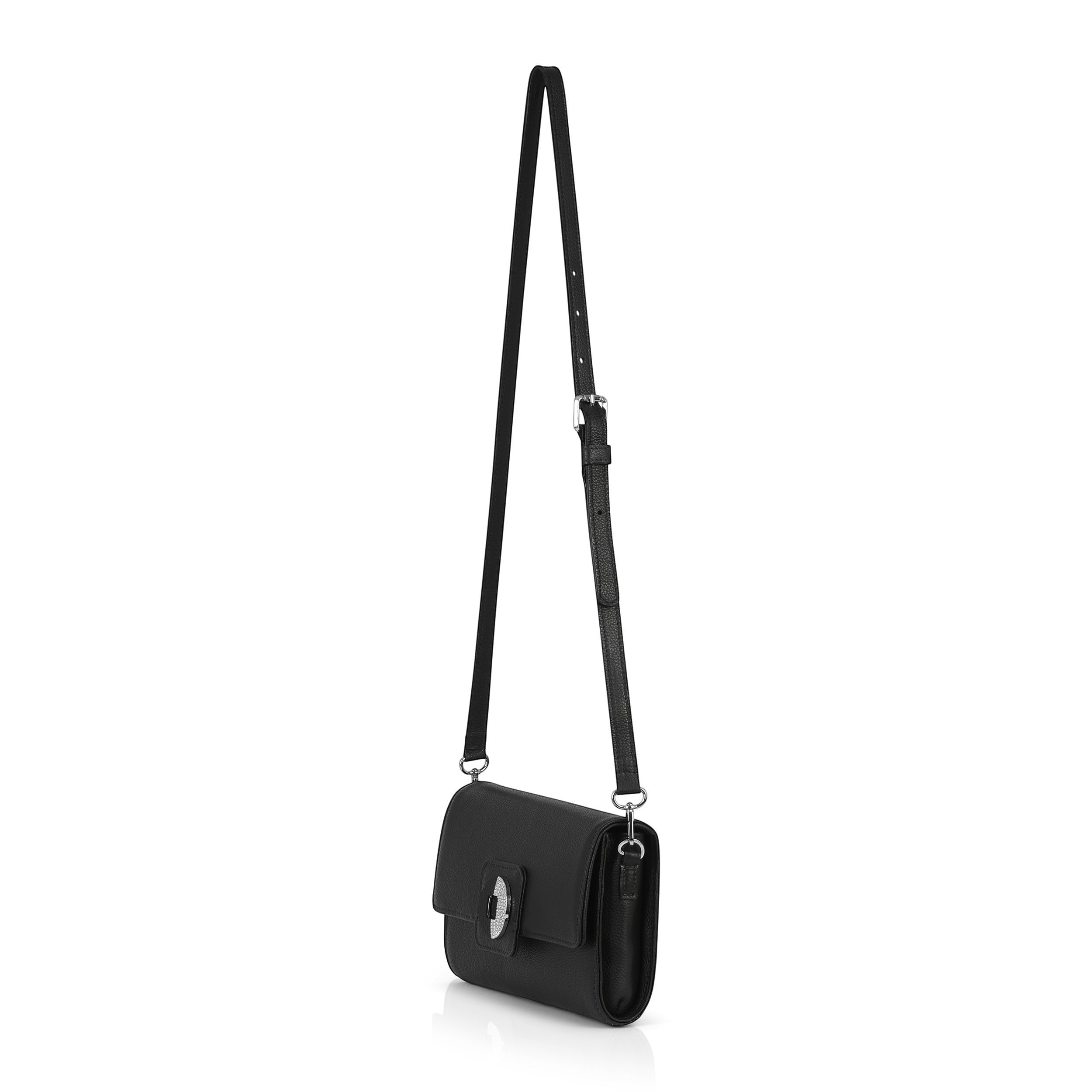 Luis Steven black pebble leather Kelly shoulder bag with a convertible strap and elegant jeweled charm side view