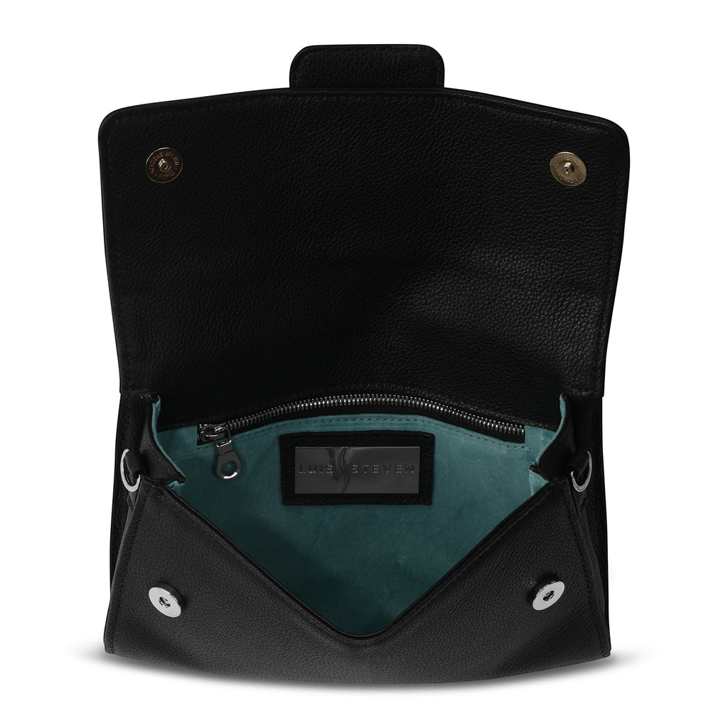 Luis Steven Kelly shoulder bag in black pebble leather with an open flap revealing a teal suede interior.