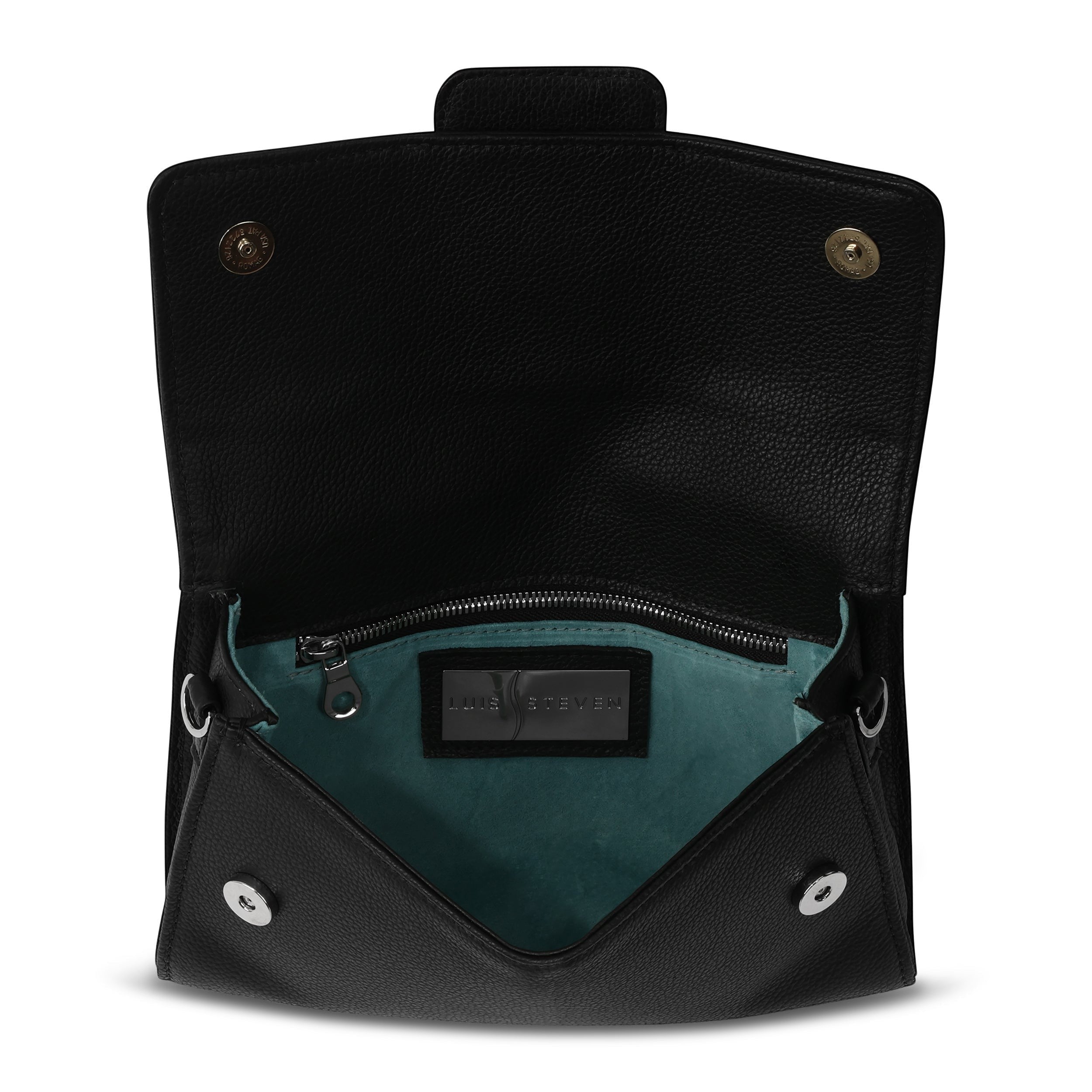 Luis Steven Kelly shoulder bag in black pebble leather with an open flap revealing a teal suede interior.