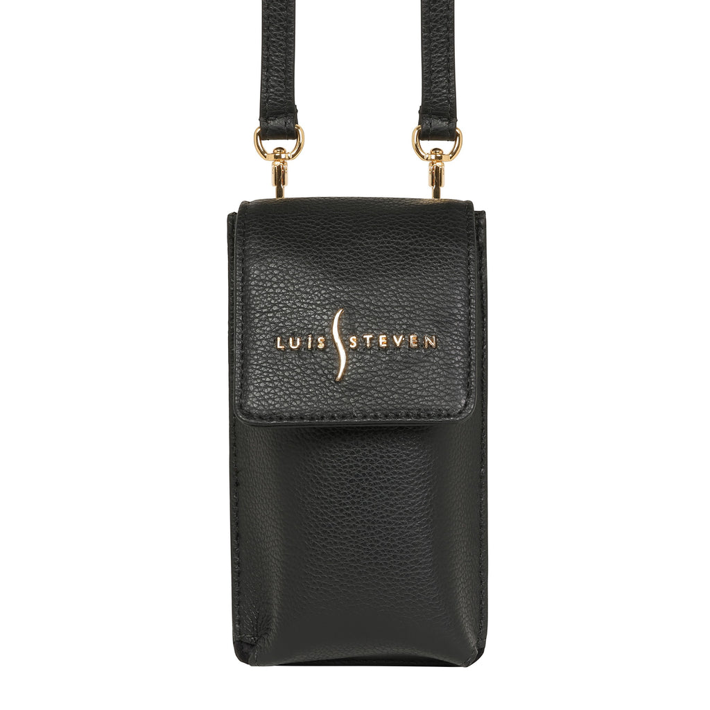 Luis Steven black pebble leather smartphone pouch with flap closure, card slots, and detachable crossbody strap.
