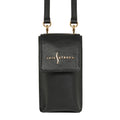 Luis Steven black pebble leather smartphone pouch with flap closure, card slots, and detachable crossbody strap.