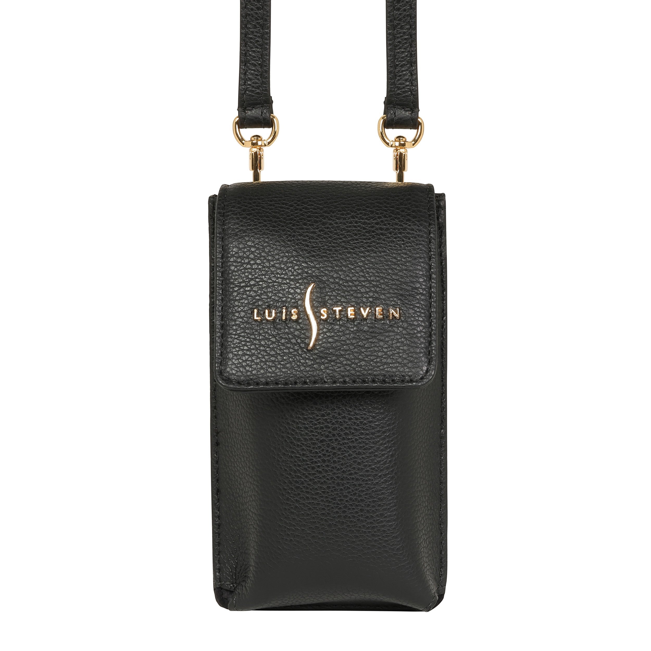 Luis Steven black pebble leather smartphone pouch with flap closure, card slots, and detachable crossbody strap.