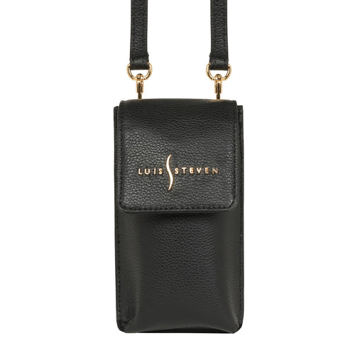 Luis Steven black pebble leather smartphone pouch with flap closure, card slots, and detachable crossbody strap.