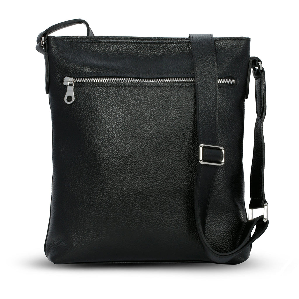Luis Steven black pebble leather tablet crossbody bag with adjustable strap, nickel hardware, and back zipper pocket.