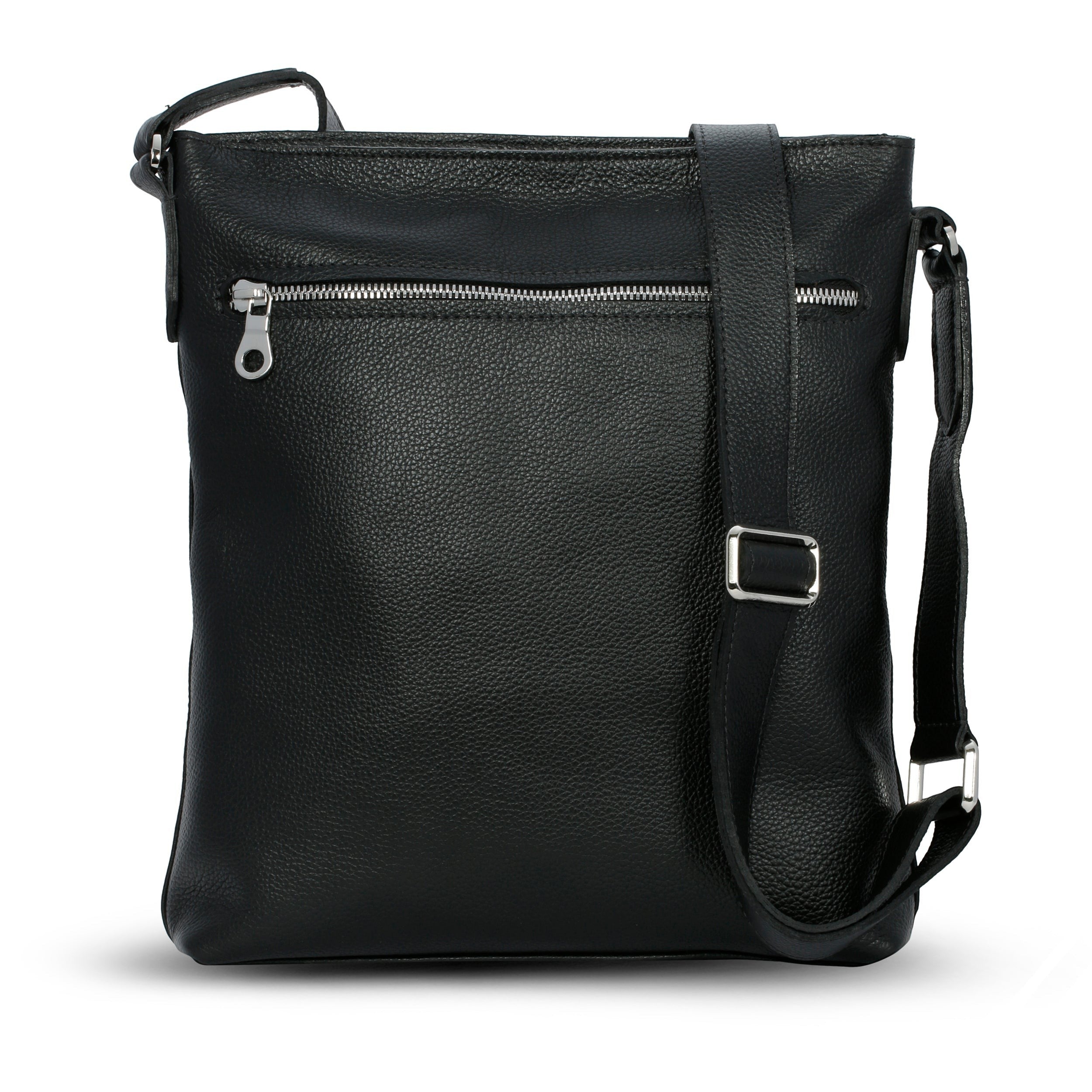 Luis Steven black pebble leather tablet crossbody bag with adjustable strap, nickel hardware, and back zipper pocket.