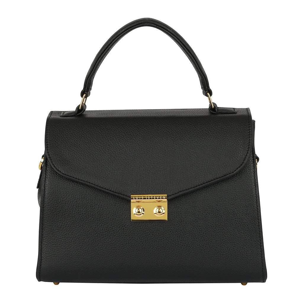 Luis Steven Maxine black pebble leather top handle bag with gold hardware and front lock closure.
