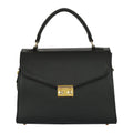 Luis Steven Maxine black pebble leather top handle bag with gold hardware and front lock closure.