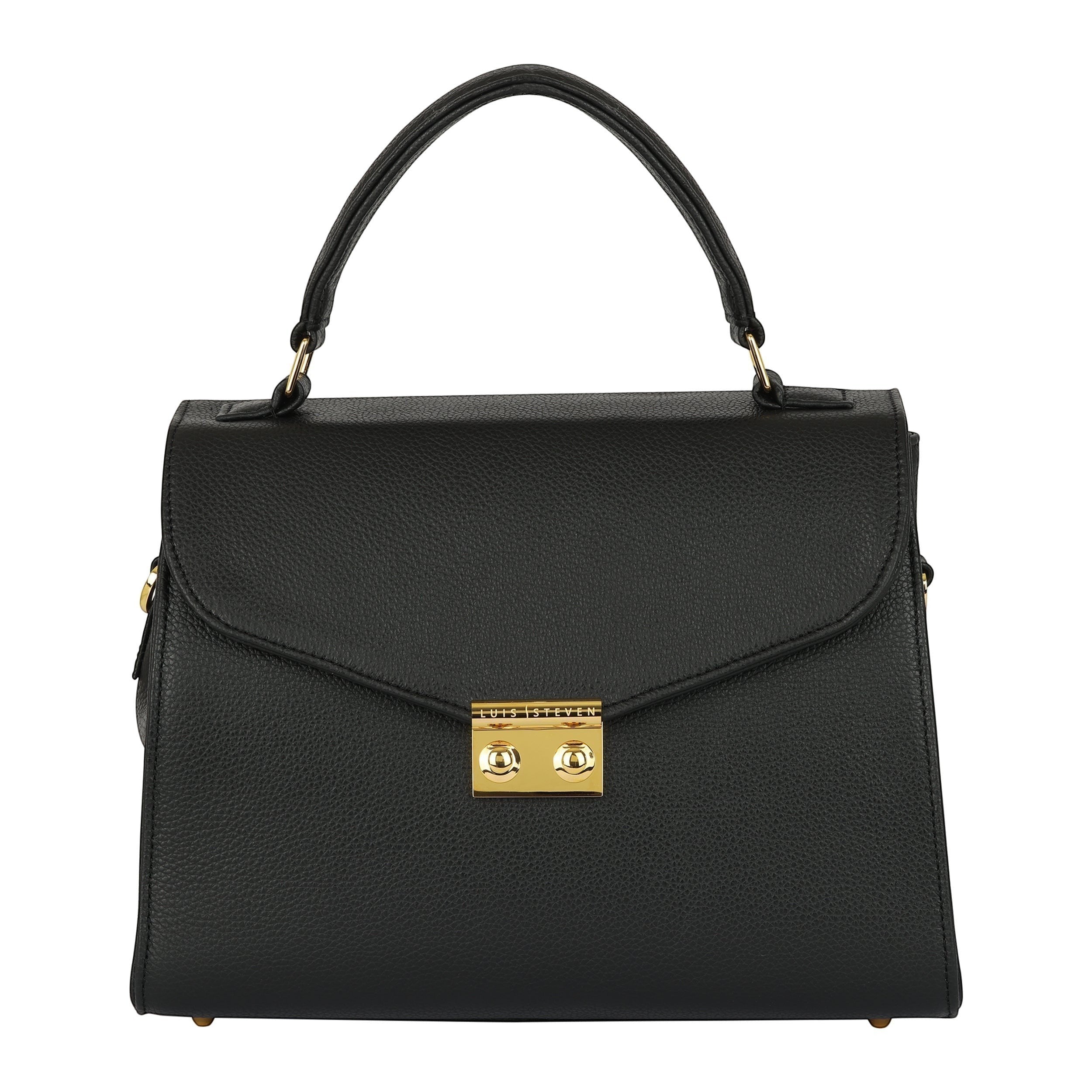 Luis Steven Maxine black pebble leather top handle bag with gold hardware and front lock closure.
