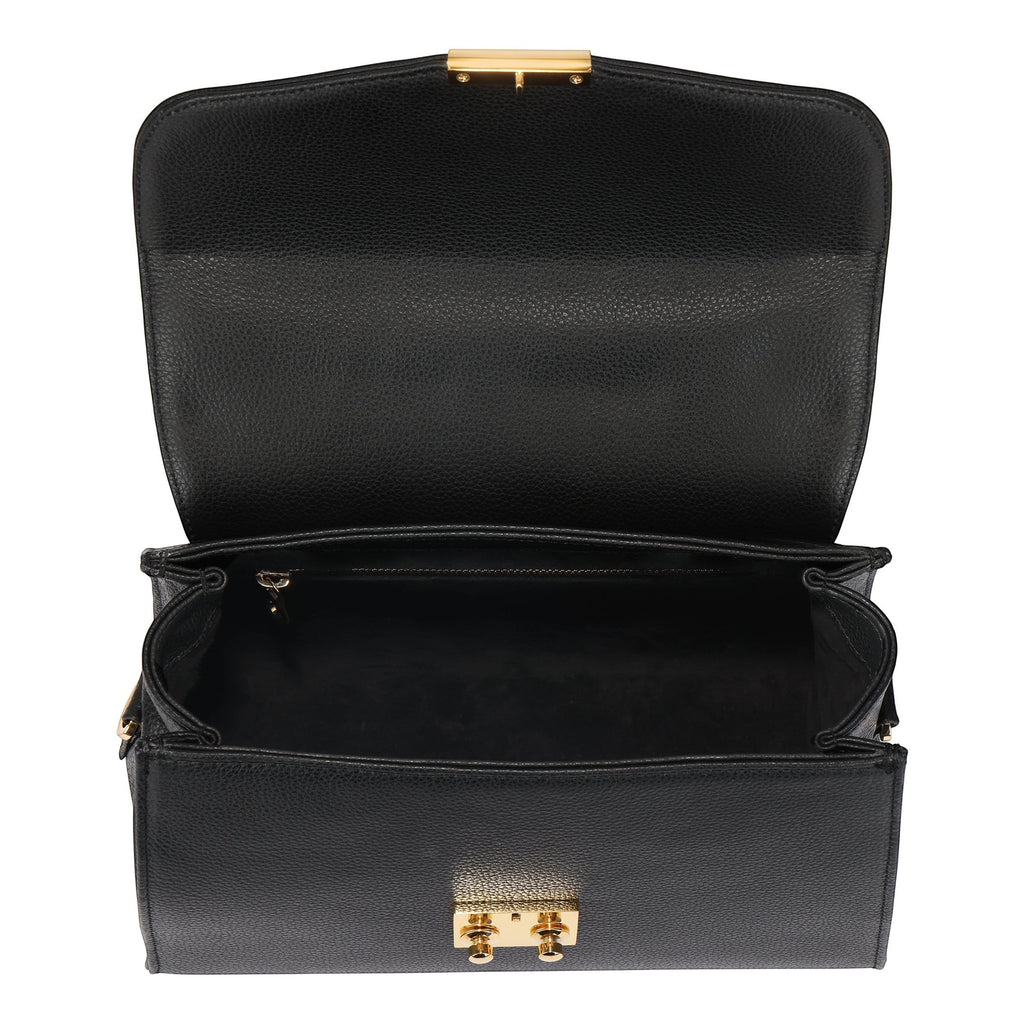 Luis Steven Maxine black pebble leather top handle bag with gold hardware and front lock closure, interior suede lining.