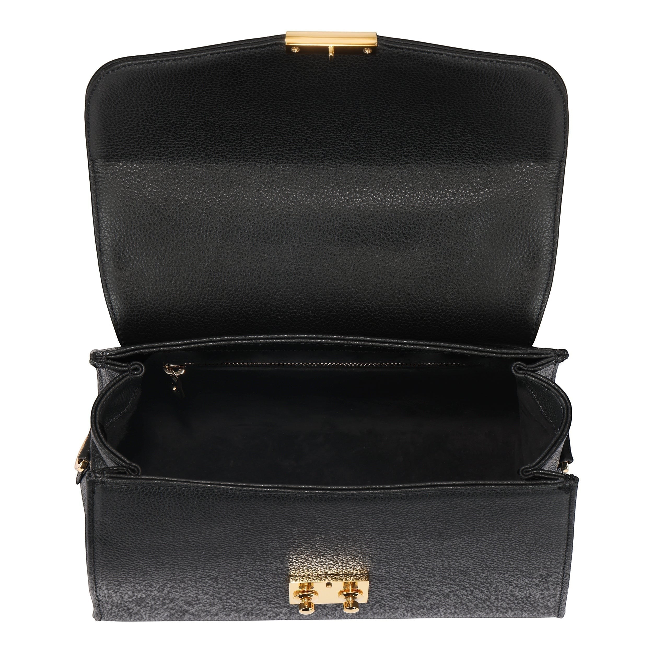 Luis Steven Maxine black pebble leather top handle bag with gold hardware and front lock closure, interior suede lining.