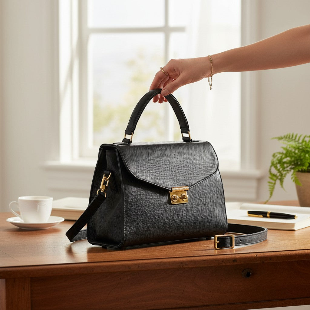 Luis Steven Maxine black pebble leather top handle bag with gold hardware and detachable crossbody strap.