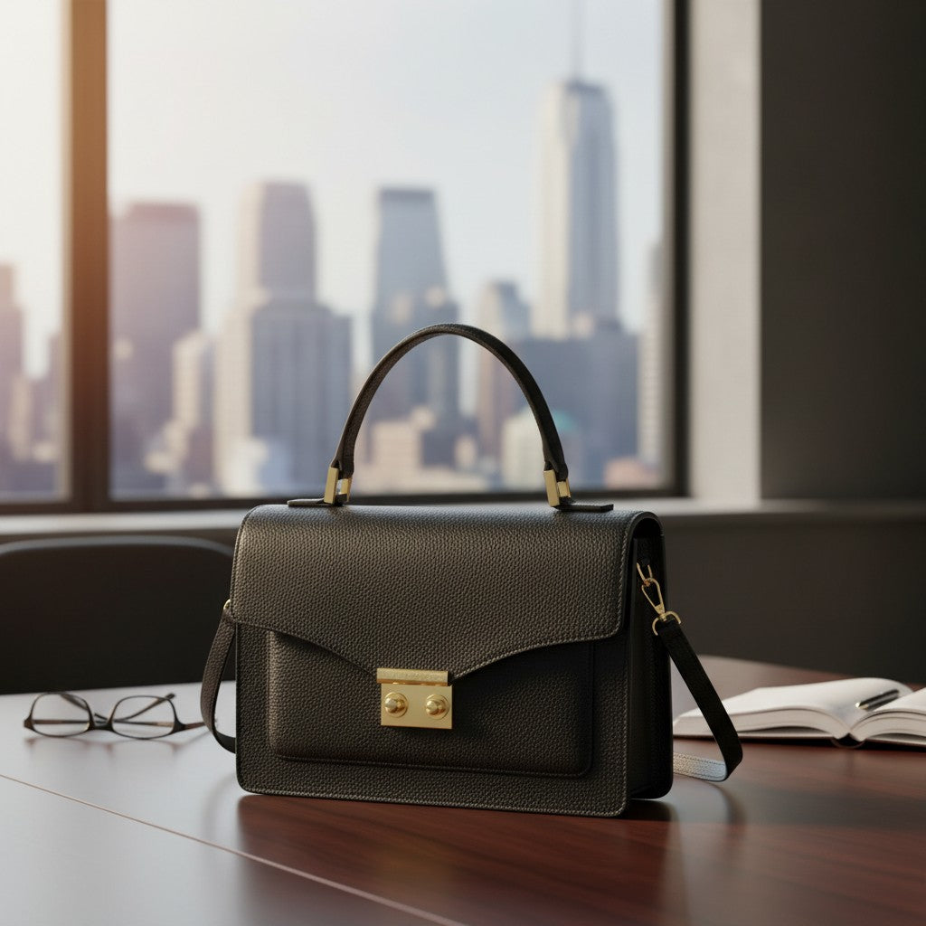 Luis Steven black pebble leather top handle purse with gold hardware and lock closure. Includes removable crossbody strap.
