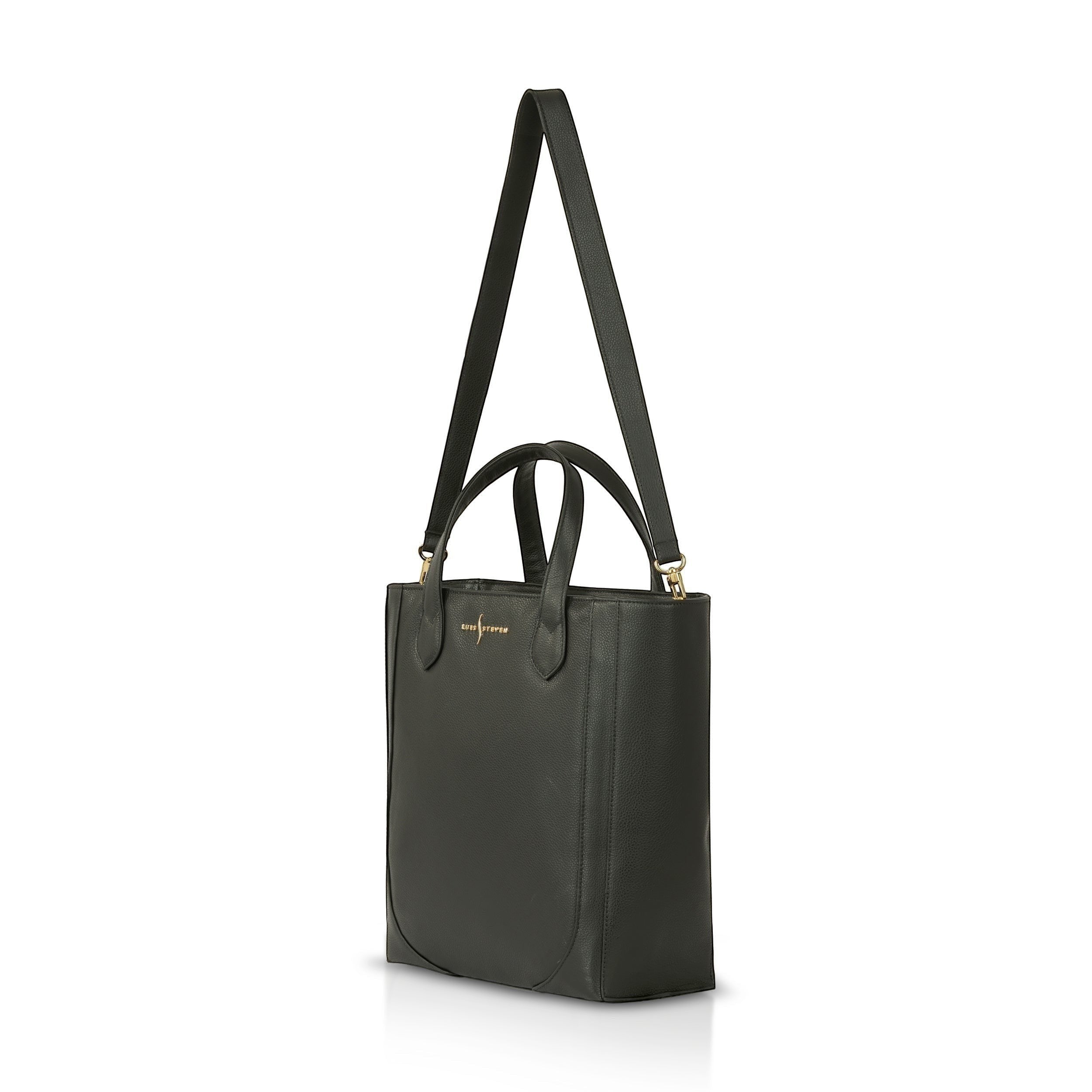 Luis Steven black pebble leather tall bucket tote with gold hardware, top zipper, and removable shoulder strap.