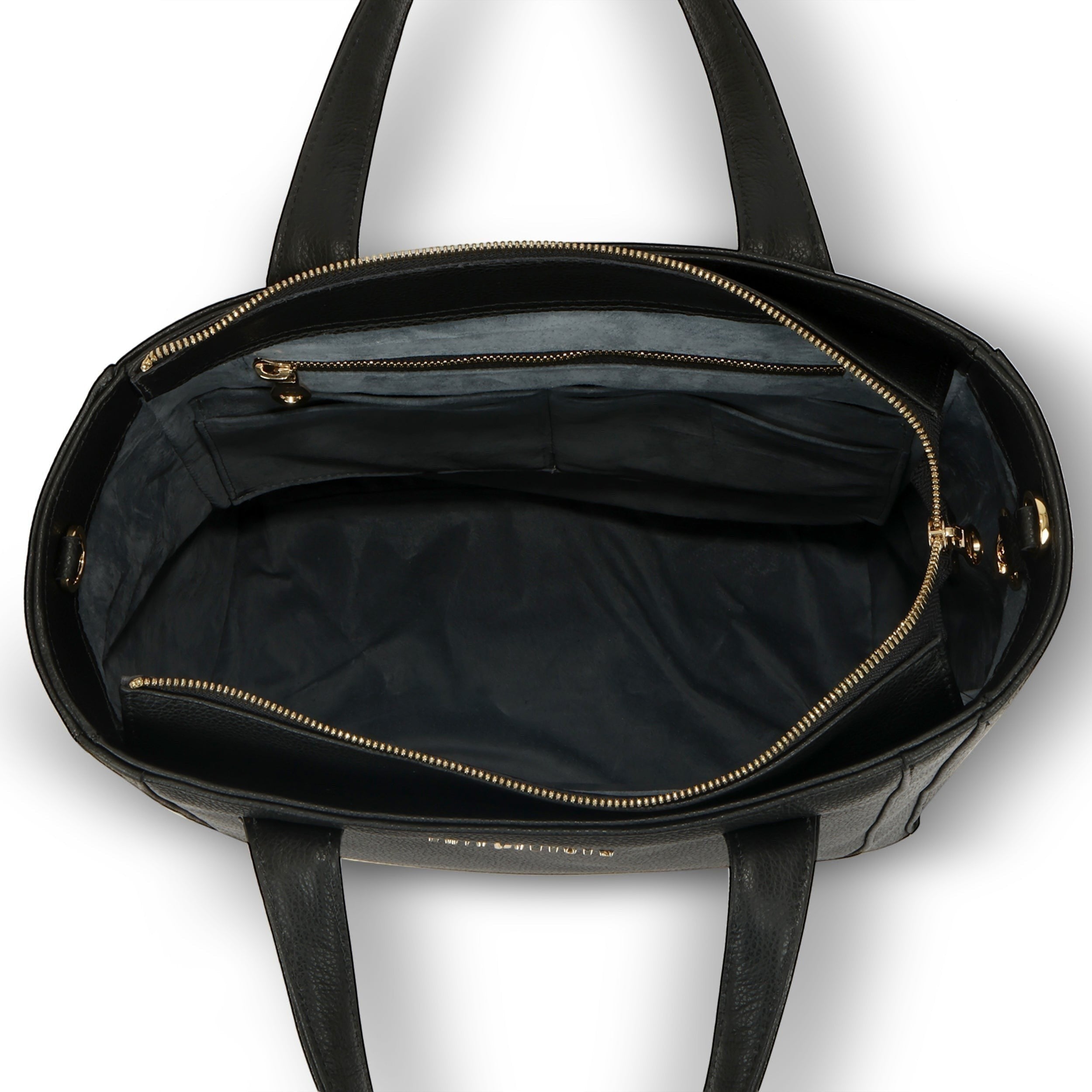 Luis Steven black pebble leather tall bucket tote with gold zipper and interior pockets, ideal for work.